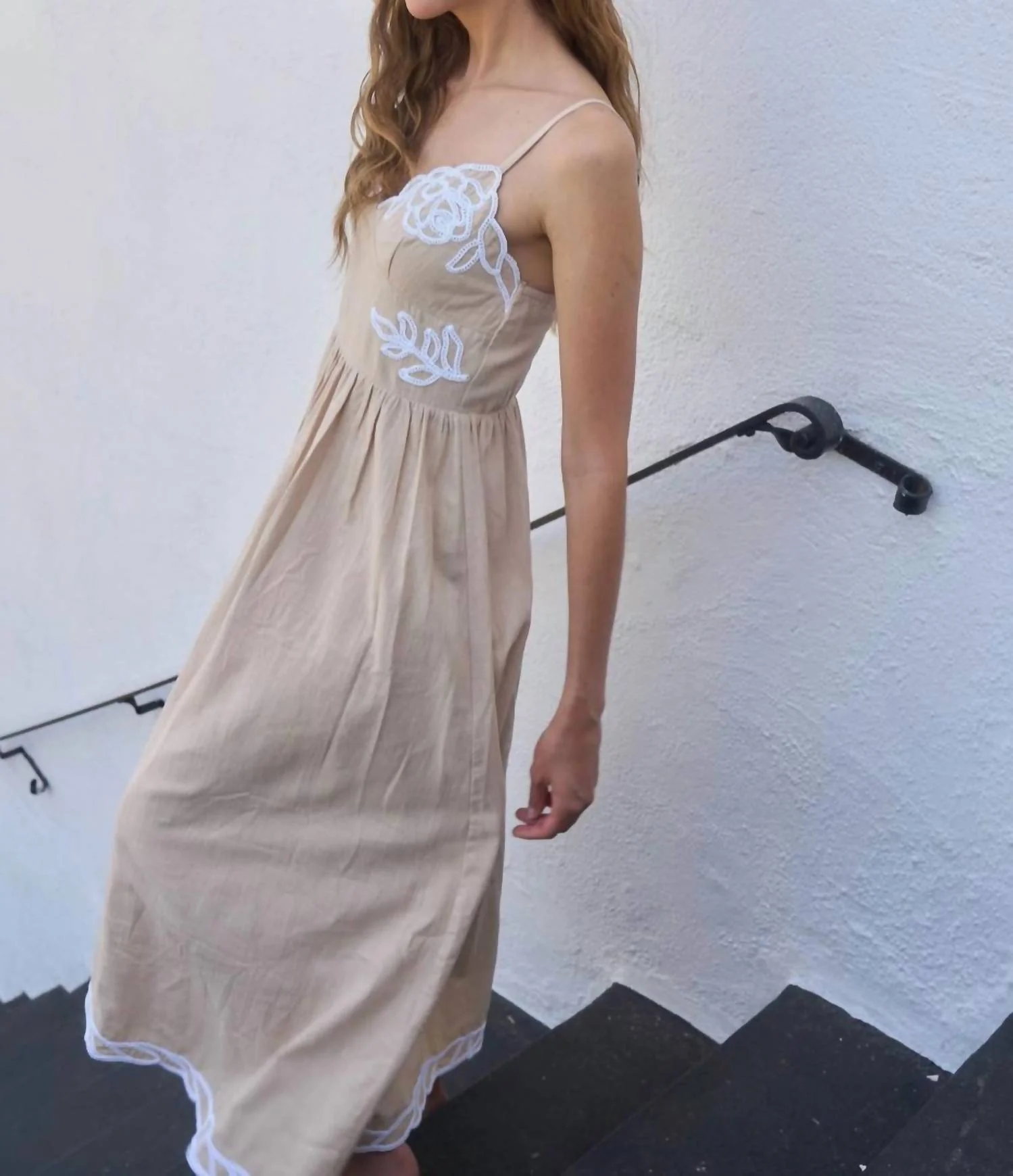 Gillian Embroidered Midi Dress In Tan - Image 3