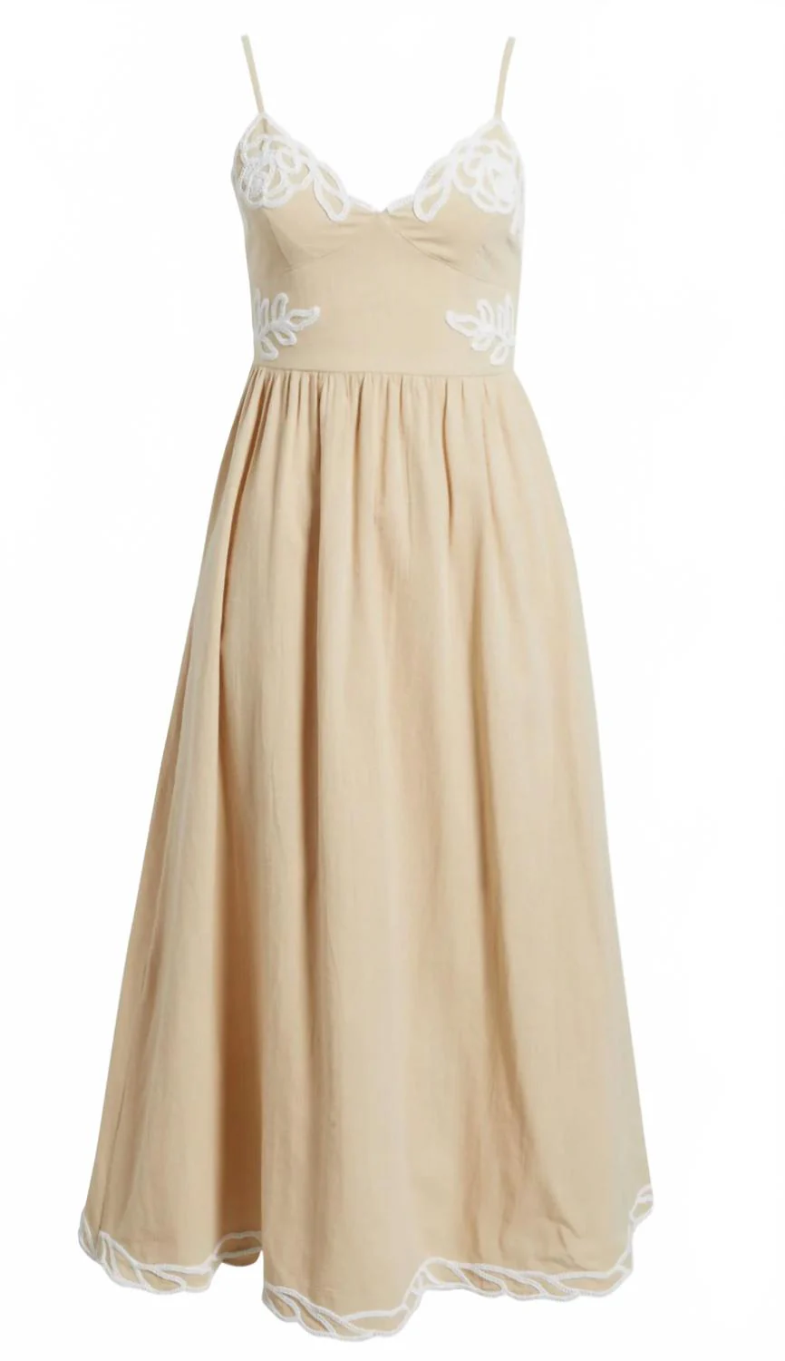 Gillian Embroidered Midi Dress In Tan - Image 5