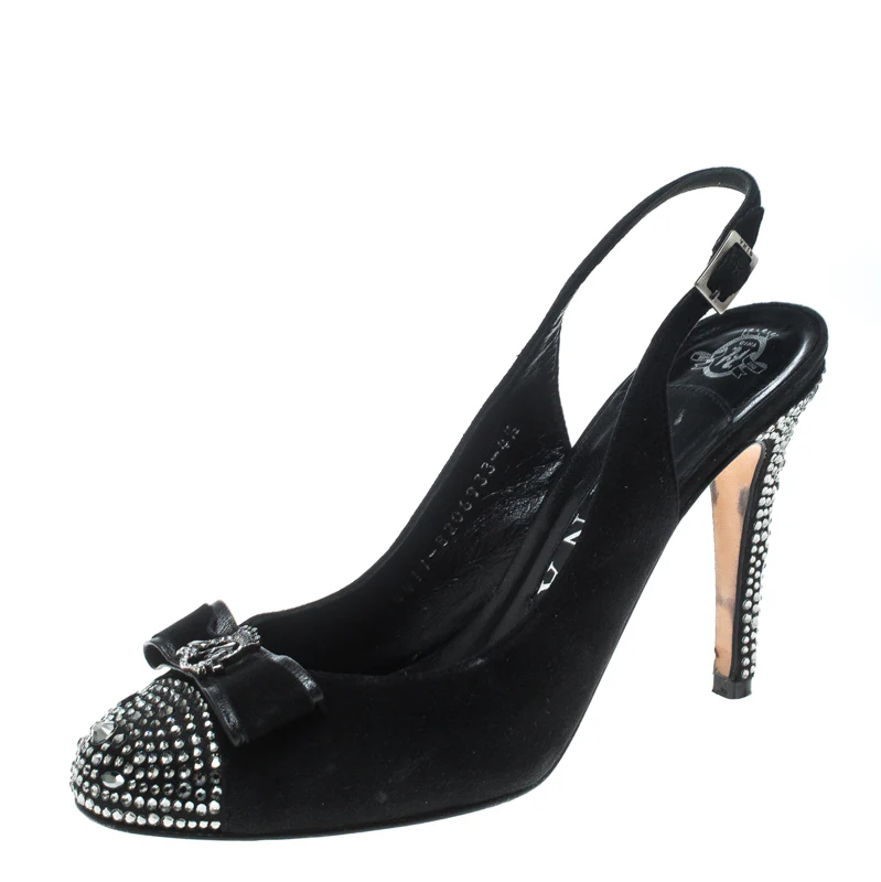 Gina Black Suede Crystal Embellished Cap Toe Slingback Sandals