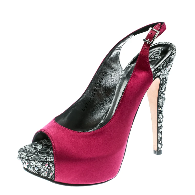 Gina Purple Satin Crystal Embellished Heel Peep Toe Slingback Sandals