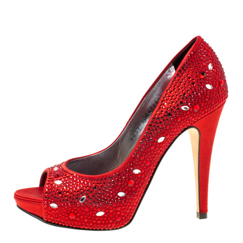 Gina Red Satin Crystal Embellished Peep Toe Platform Pumps - Image 2