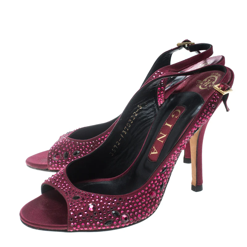 Gina Red Satin Crystal Embellished Peep Toe Slingback Sandals - Image 4