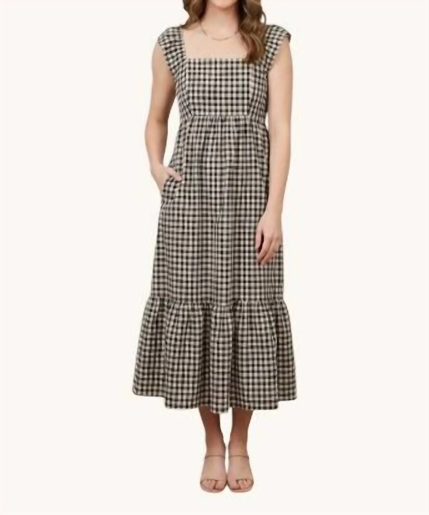 Gingham Flutter Sleeve Maxi Dress In Black