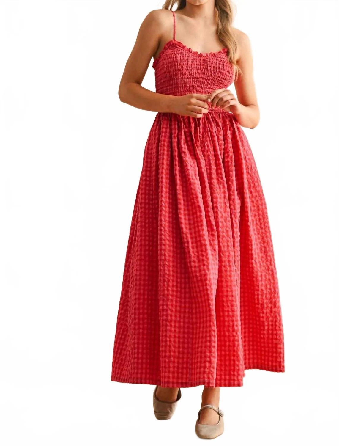 Gingham Print Long Dress In Cherry