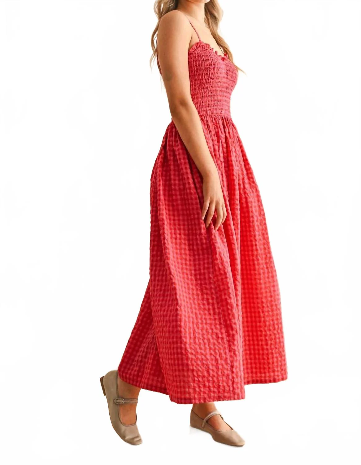 Gingham Print Long Dress In Cherry - Image 4