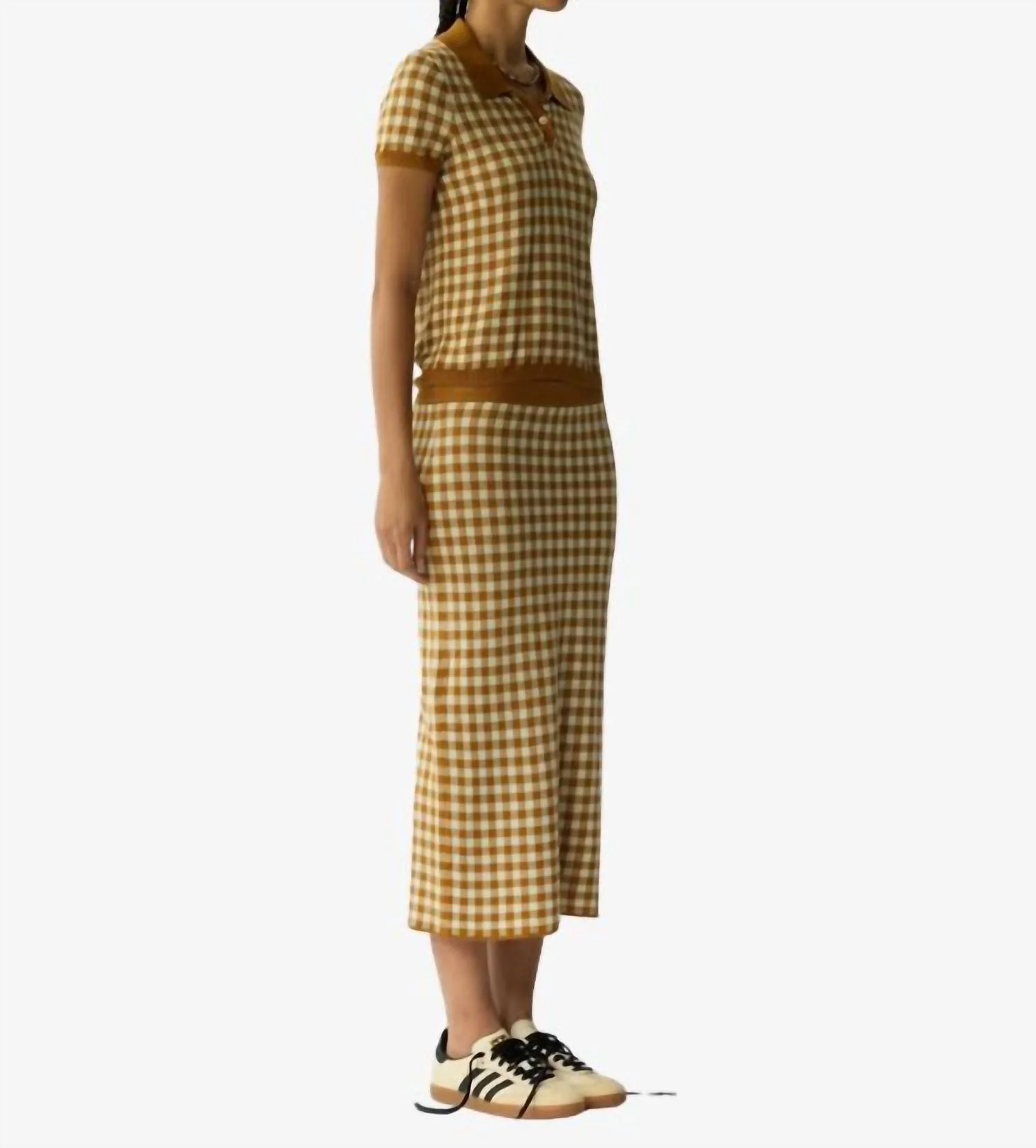 Gingham Shrunken Polo Top In Suede/limewash - Image 3