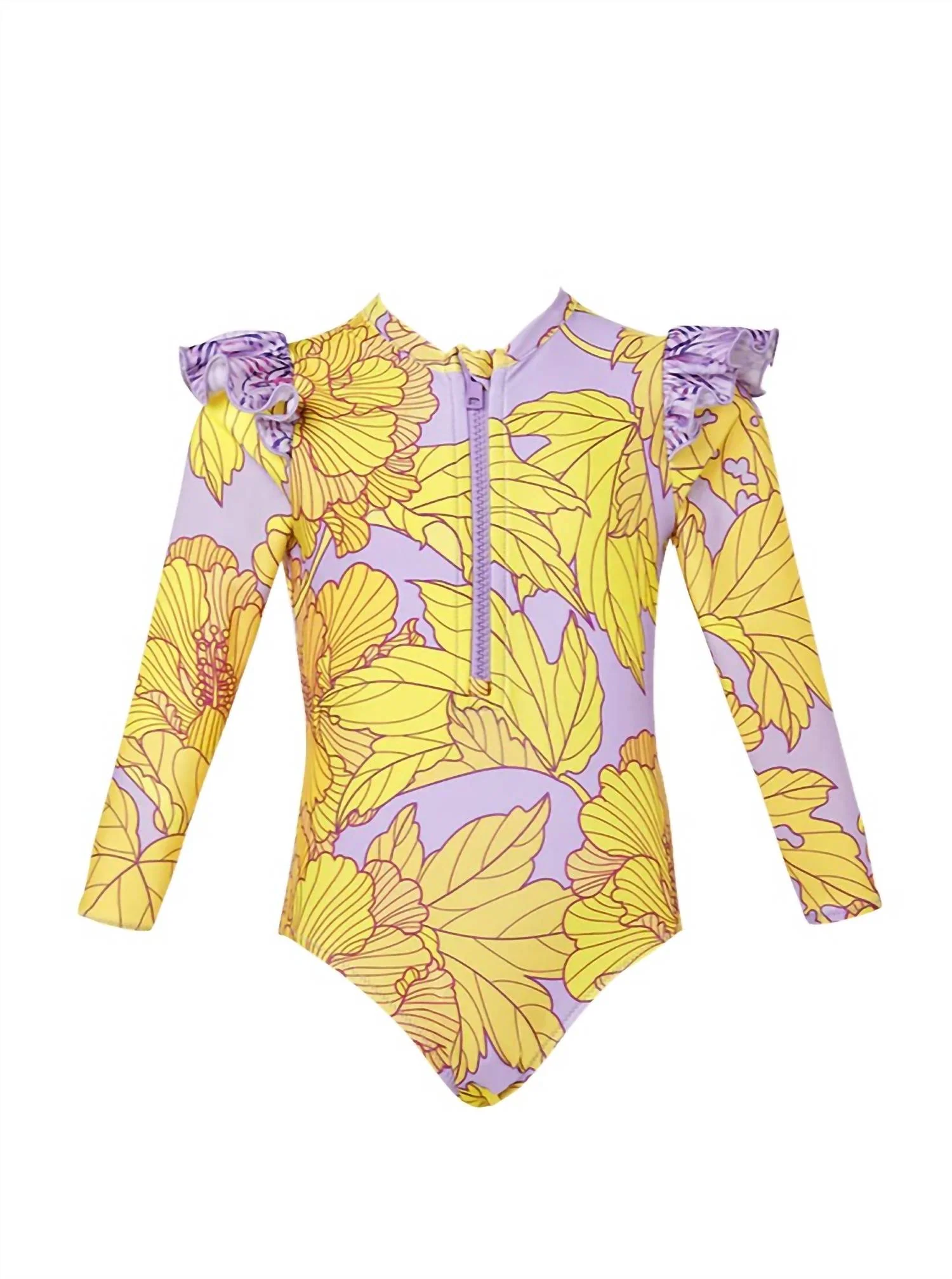 Girl's Zipper Long Sleeve One Piece In Hibiscus