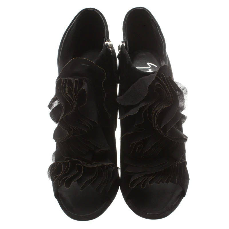 Giuseppe Zanotti Black Suede Peep Toe Silk Ruffle Detail Ankle Booties - Image 3