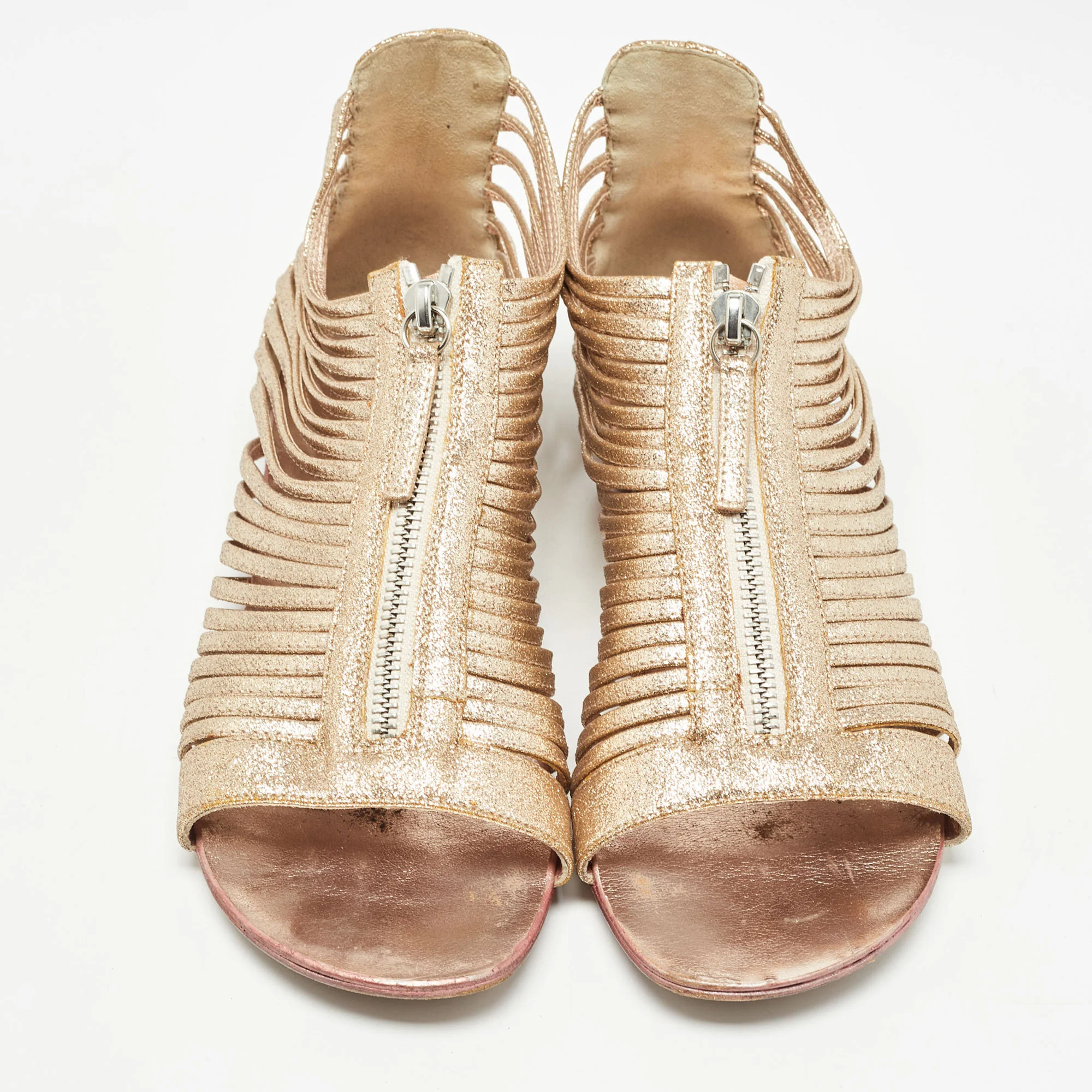 Giuseppe Zanotti Gold Glitter Zipped Caged Flat Sandals - Image 3