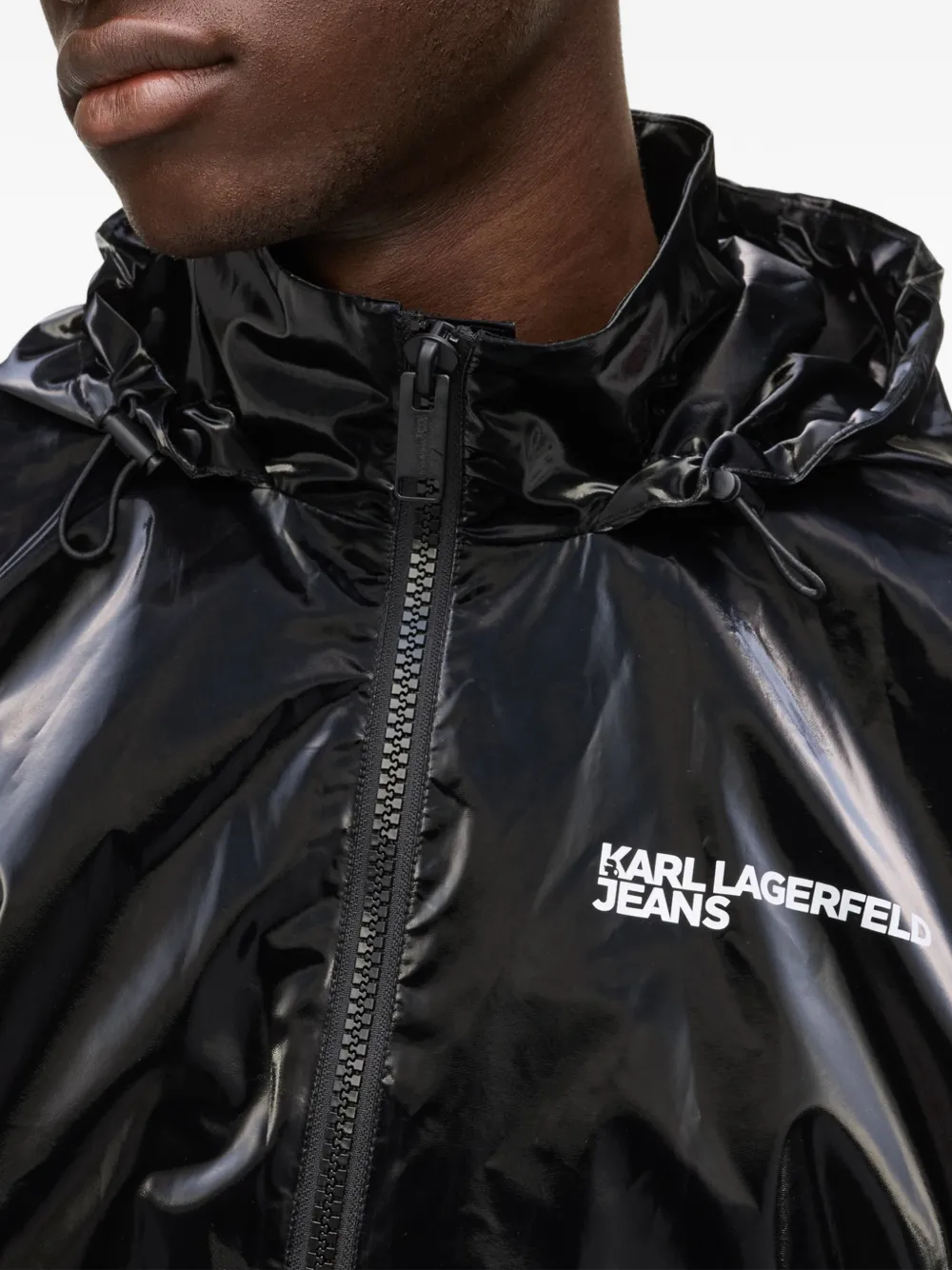 Glossy Black Finish Casual Jacket with Adjustable Hood - Image 5
