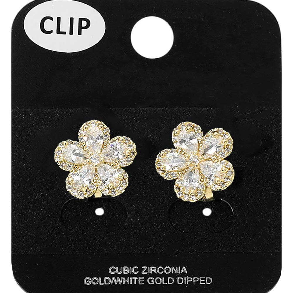 Gold Dipped CZ Flower Clip On Earrings - Image 4