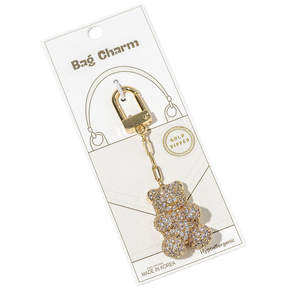 Gold Dipped CZ Stone Paved Teddy Bear Drop Keychain Bag Charm - Image 3