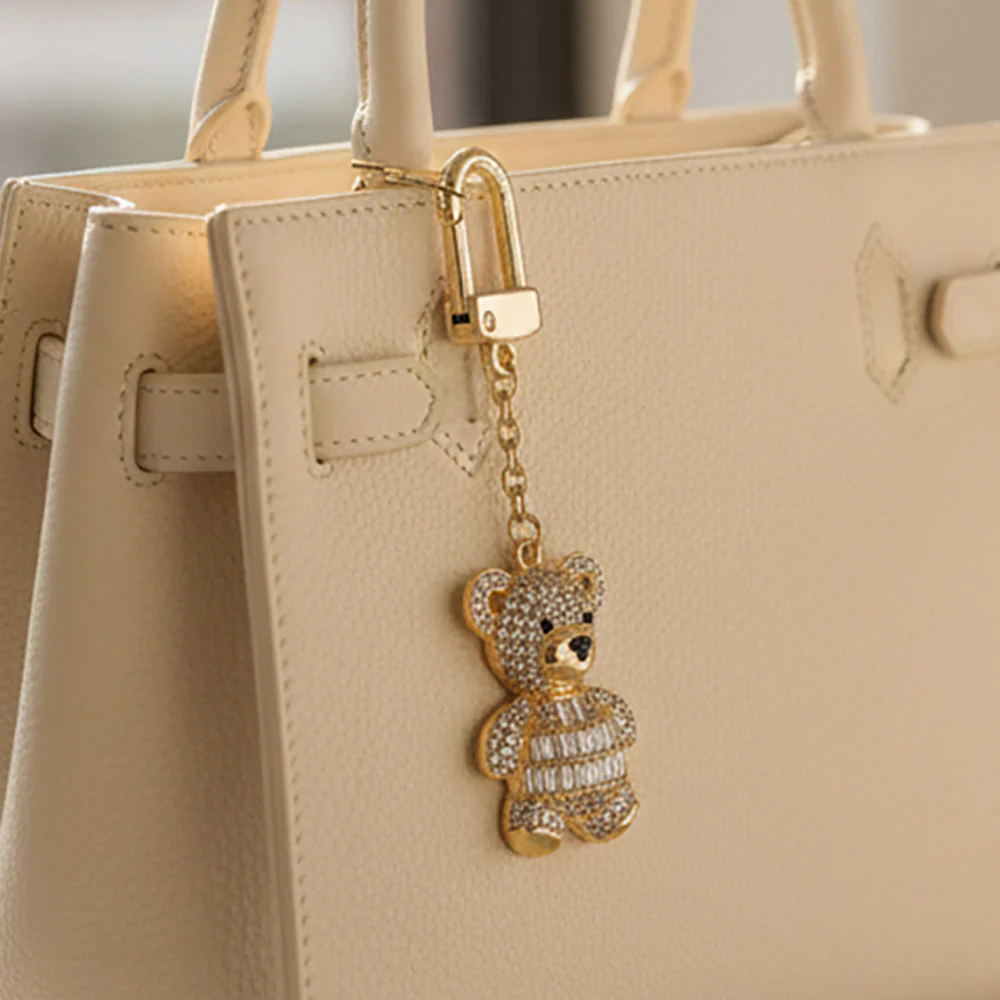 Gold Dipped CZ Stone Paved Teddy Bear Drop Keychain Bag Charm - Image 6