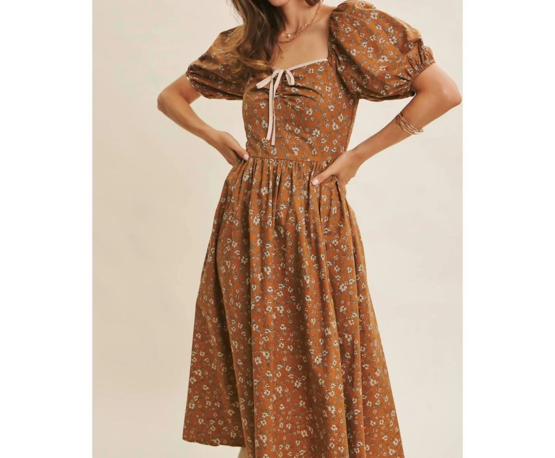 Golden Hour Floral Puff Sleeve Midi Dress With Pockets In Toffee - Image 2