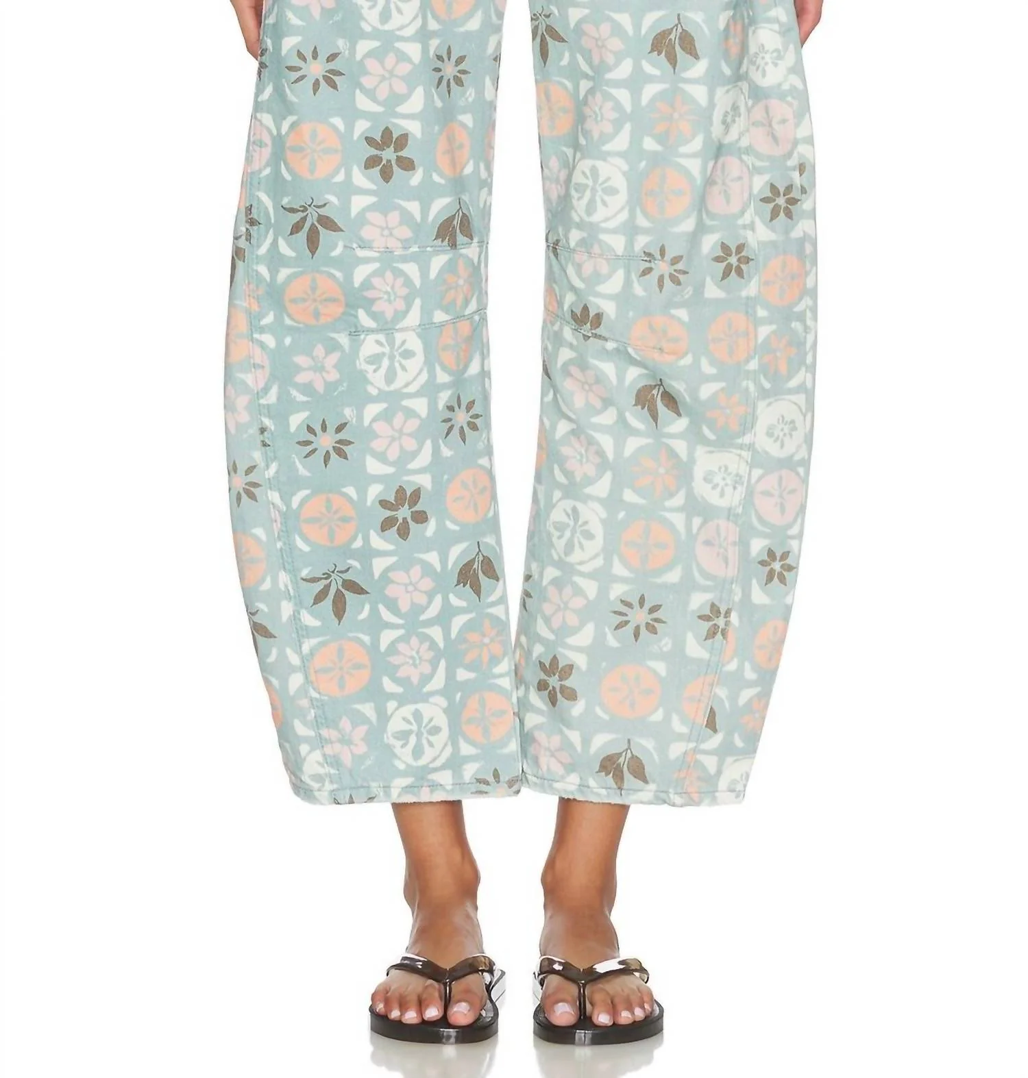 Good Luck Printed Barrel Jeans In Jade Combo