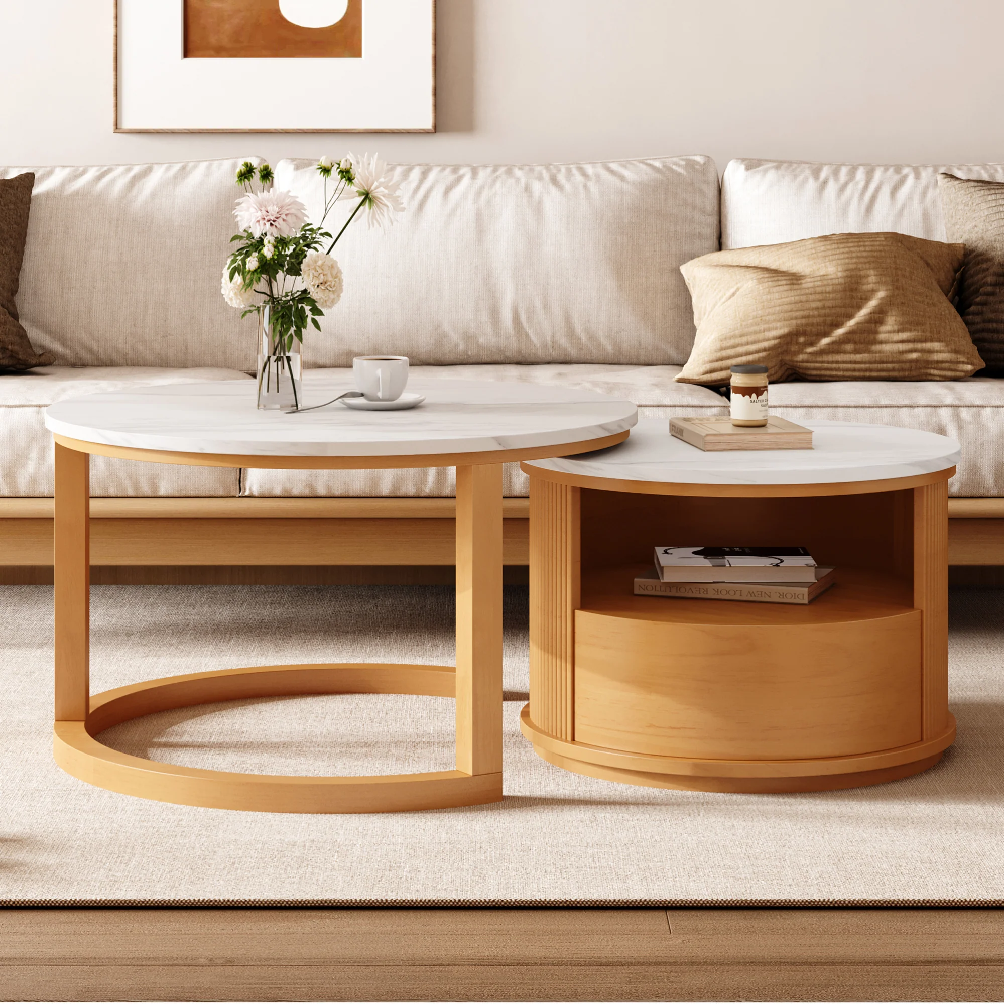 GOODSILO Round Nesting Coffee Table with Storage Drawer - Image 4