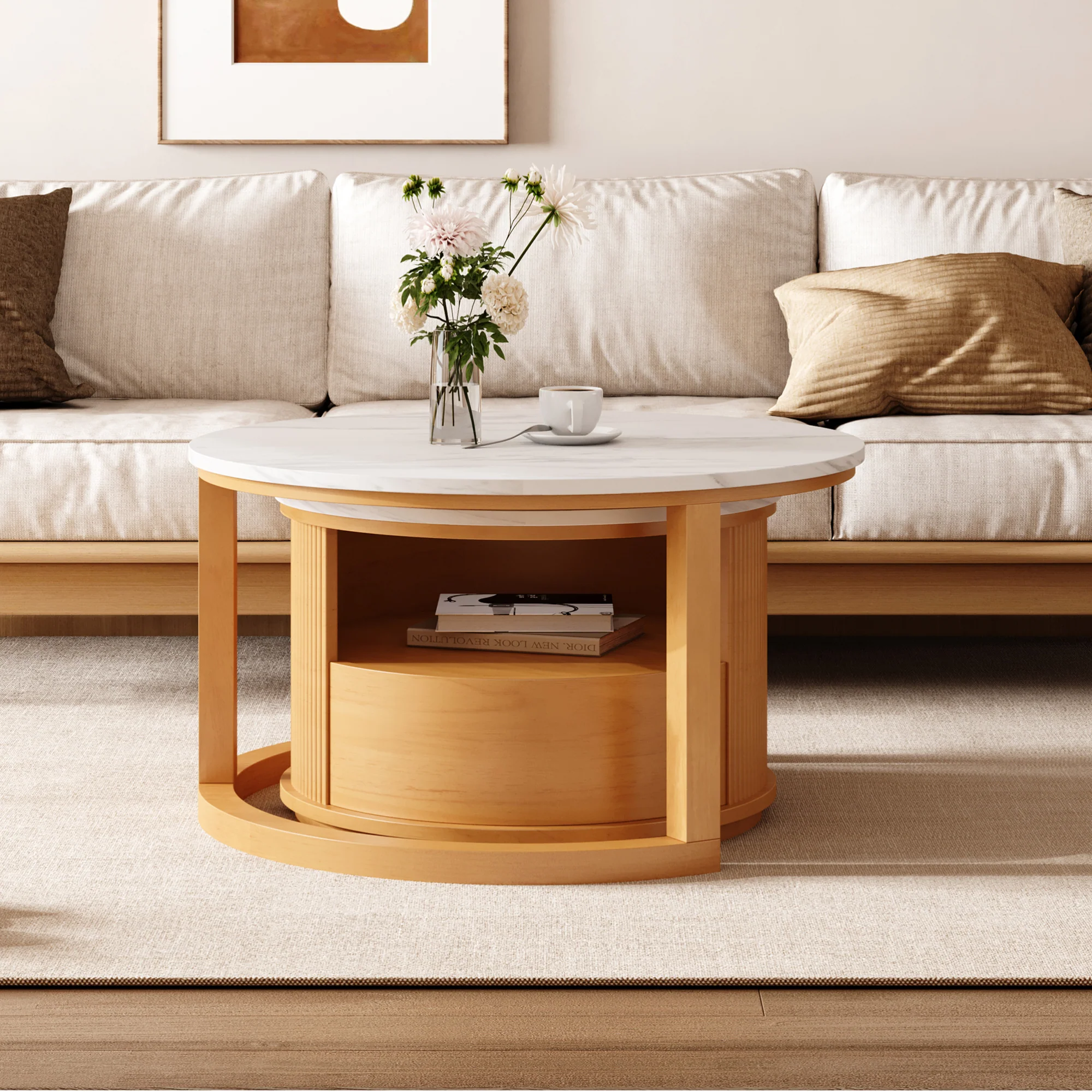 GOODSILO Round Nesting Coffee Table with Storage Drawer - Image 5