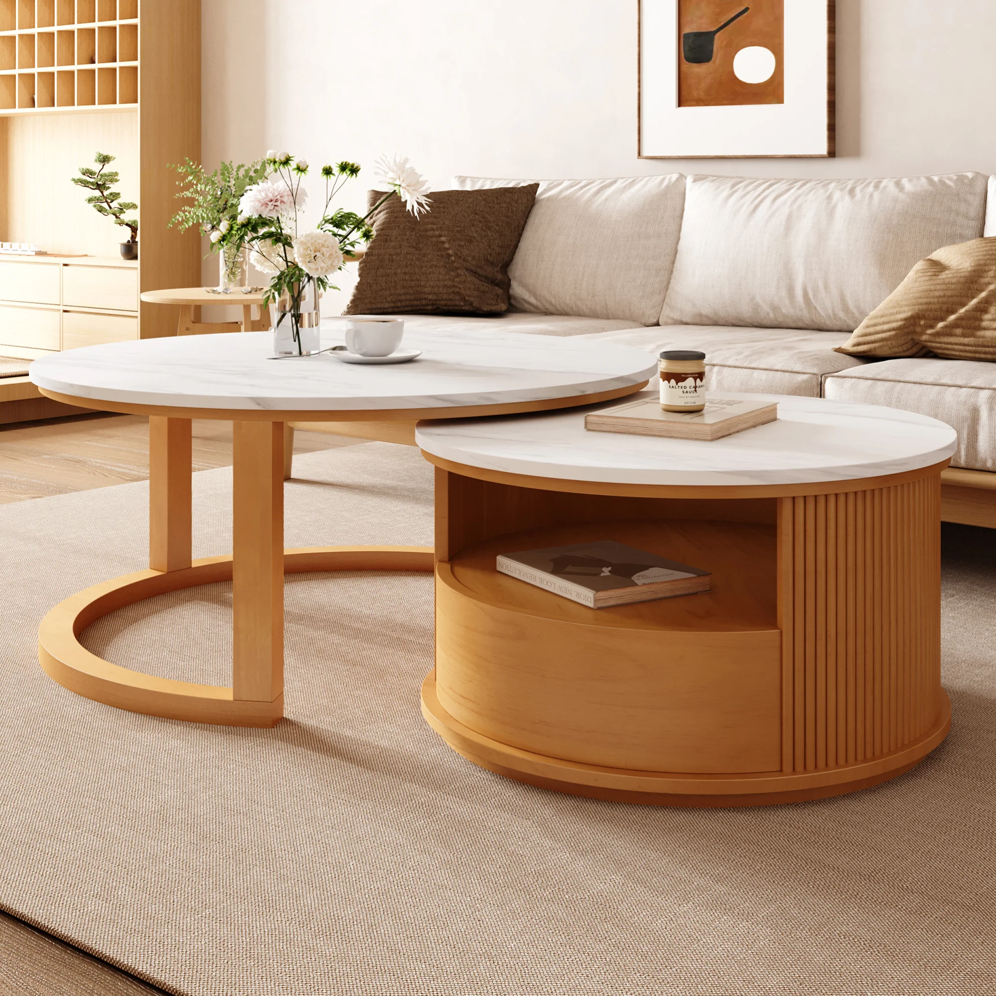 GOODSILO Round Nesting Coffee Table with Storage Drawer - Image 6