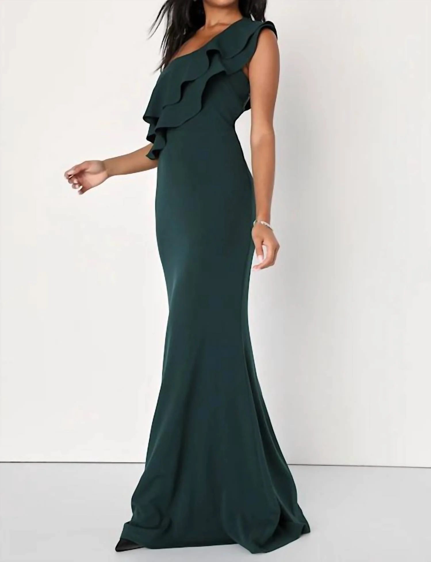 Grand Beauty Ruffled One-Shoulder Mermaid Maxi Dress In Emerald - Image 2
