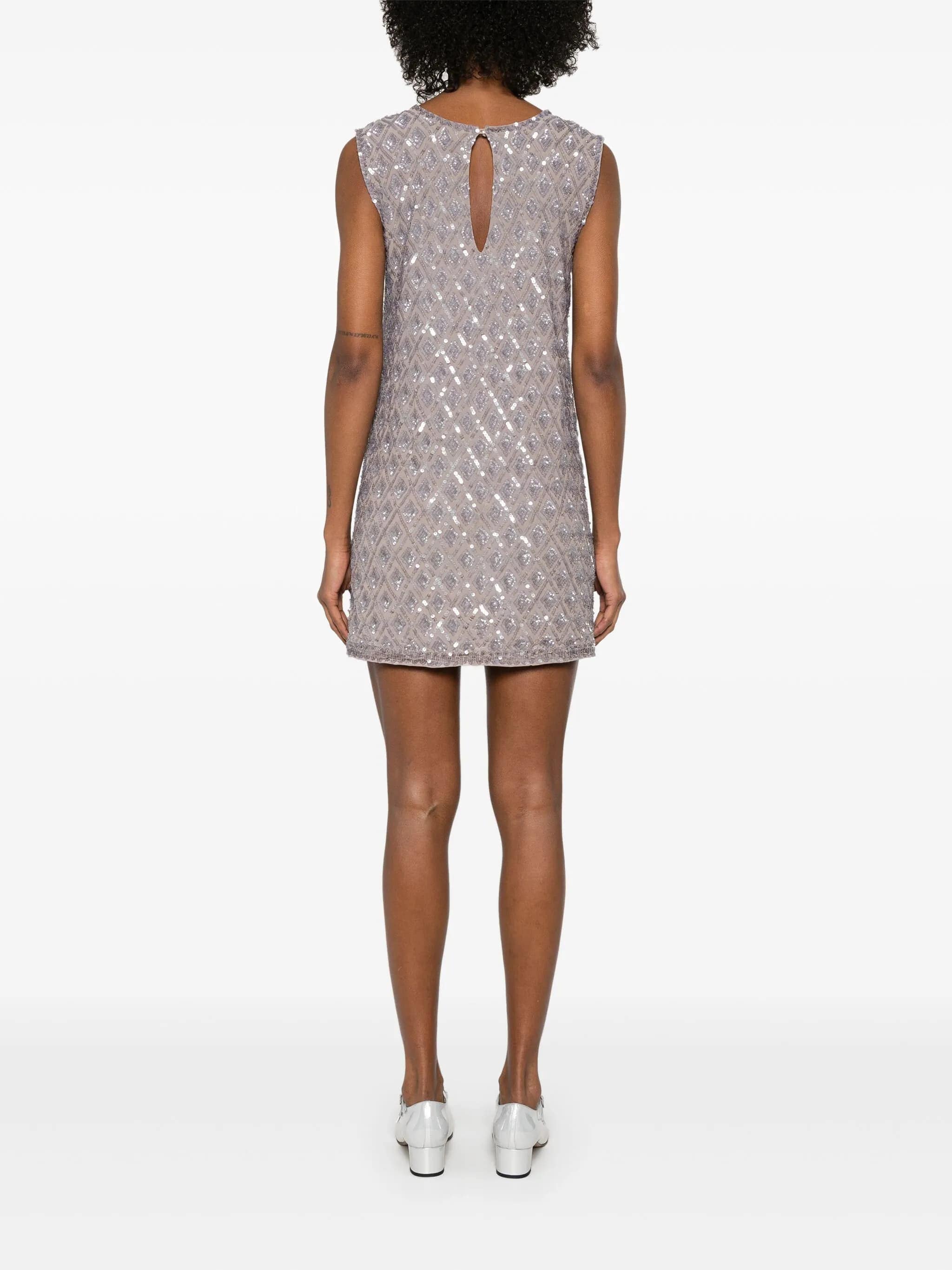 Grey Intricate Embroidered Sequin Polyamide Mini Dress - Image 4