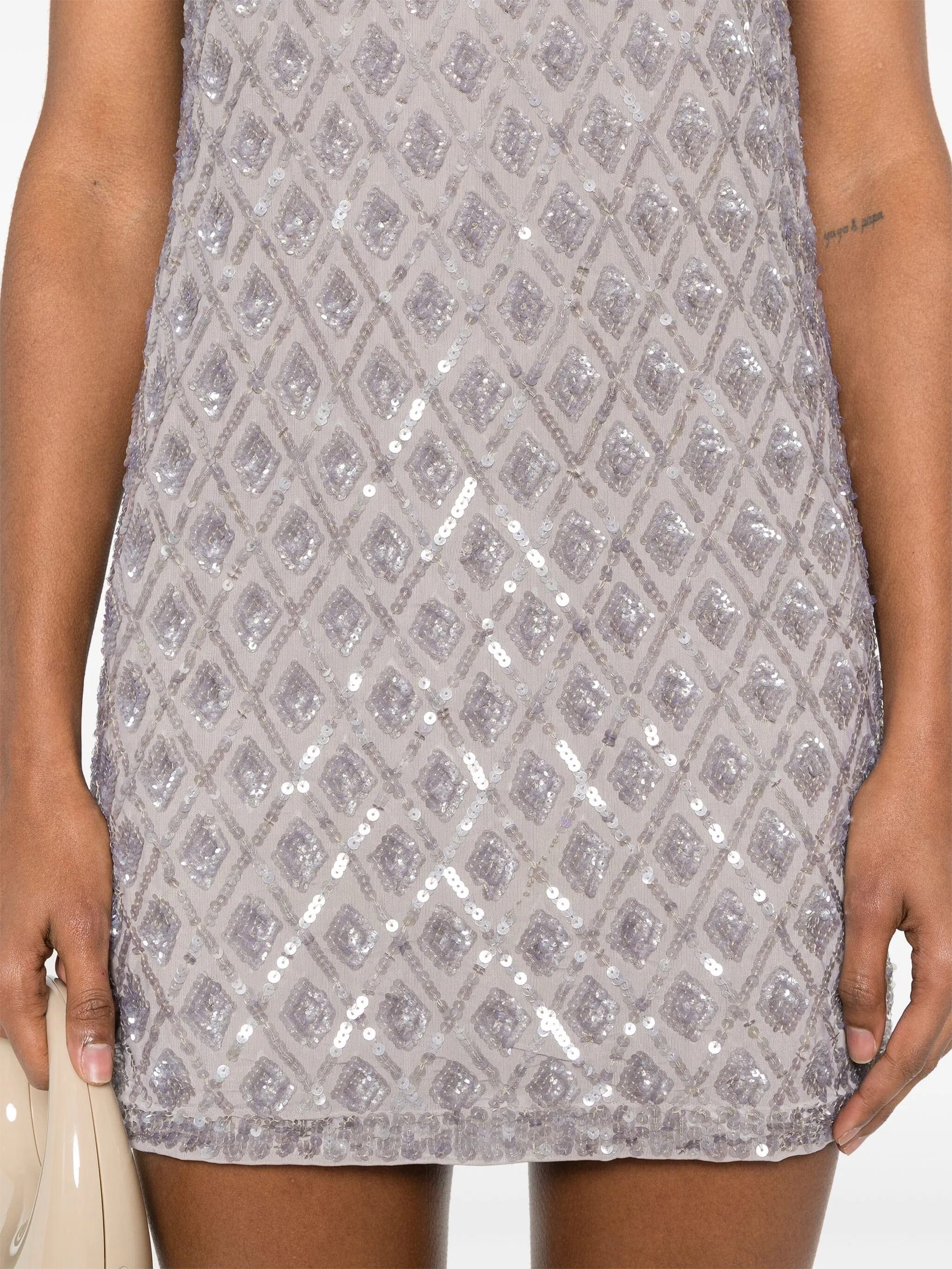 Grey Intricate Embroidered Sequin Polyamide Mini Dress - Image 5
