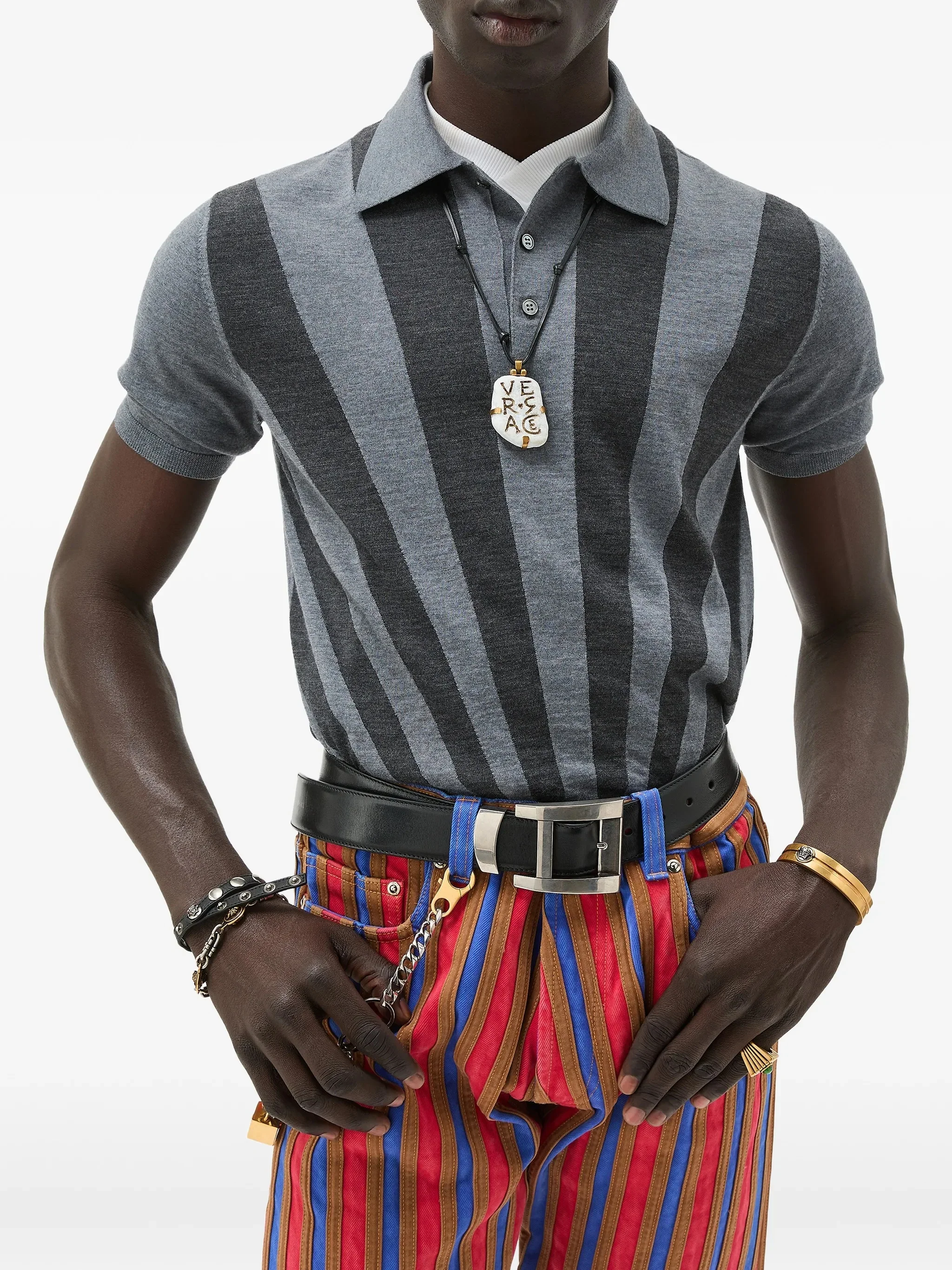 Grey Rays Polo Intarsia Knit Sweater - Image 3