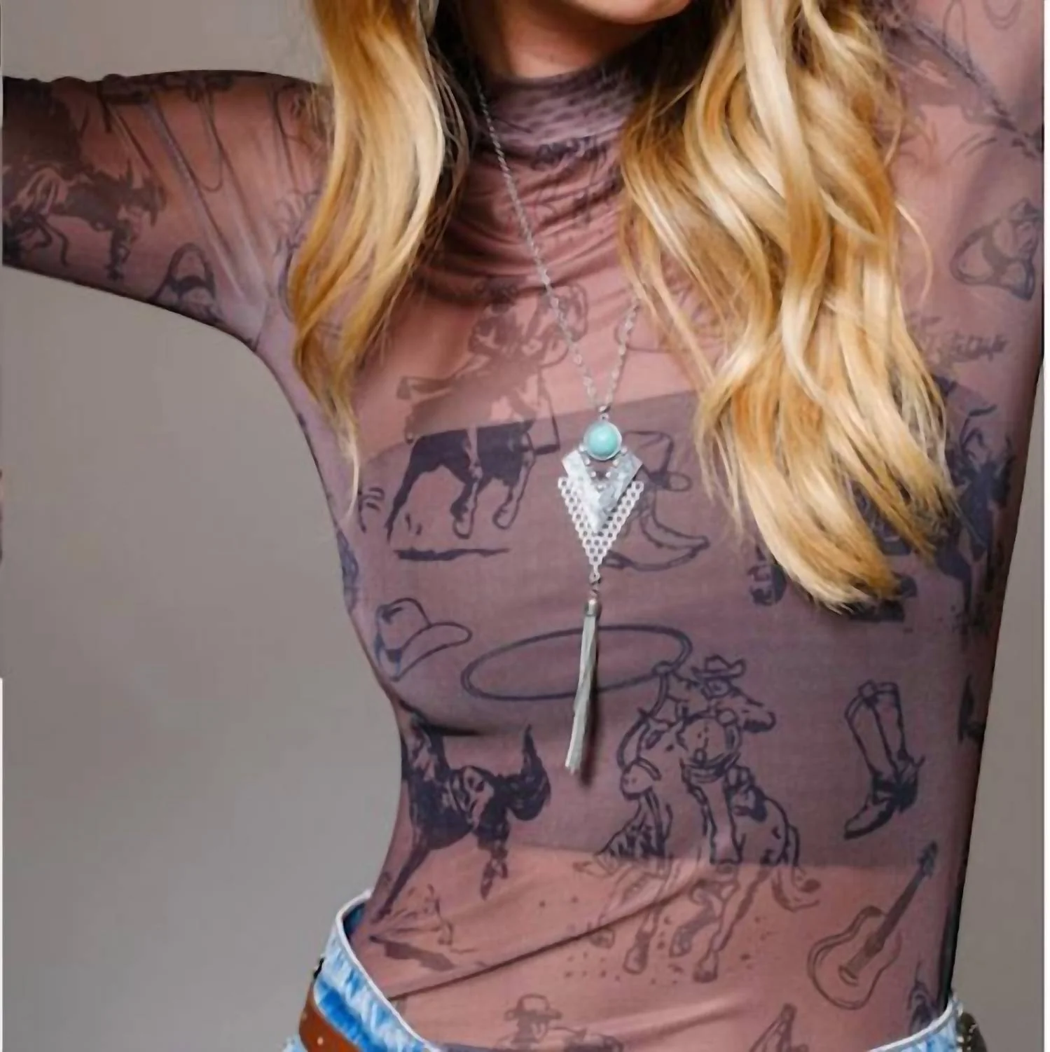 Grit & Grace Mesh Mock Neck Top In Brown - Image 3