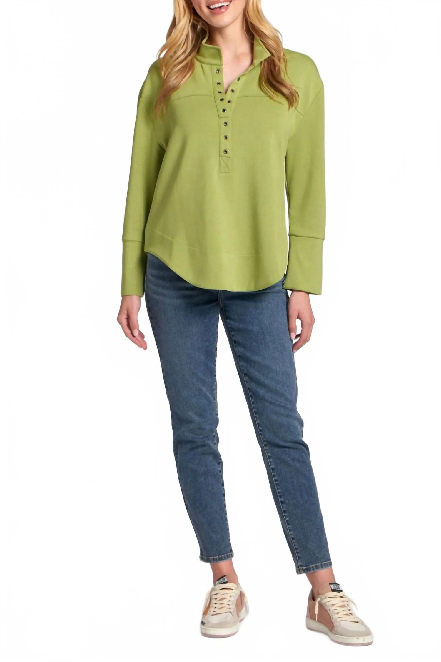 Grommet Long Sleeve Placket Top In Citron - Image 4