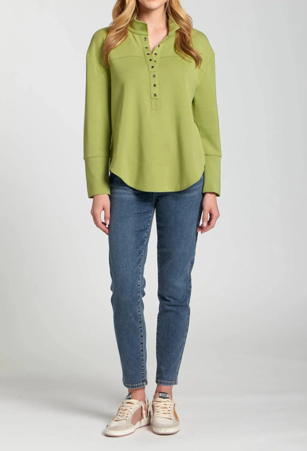 Grommet Long Sleeve Placket Top In Citron - Image 5