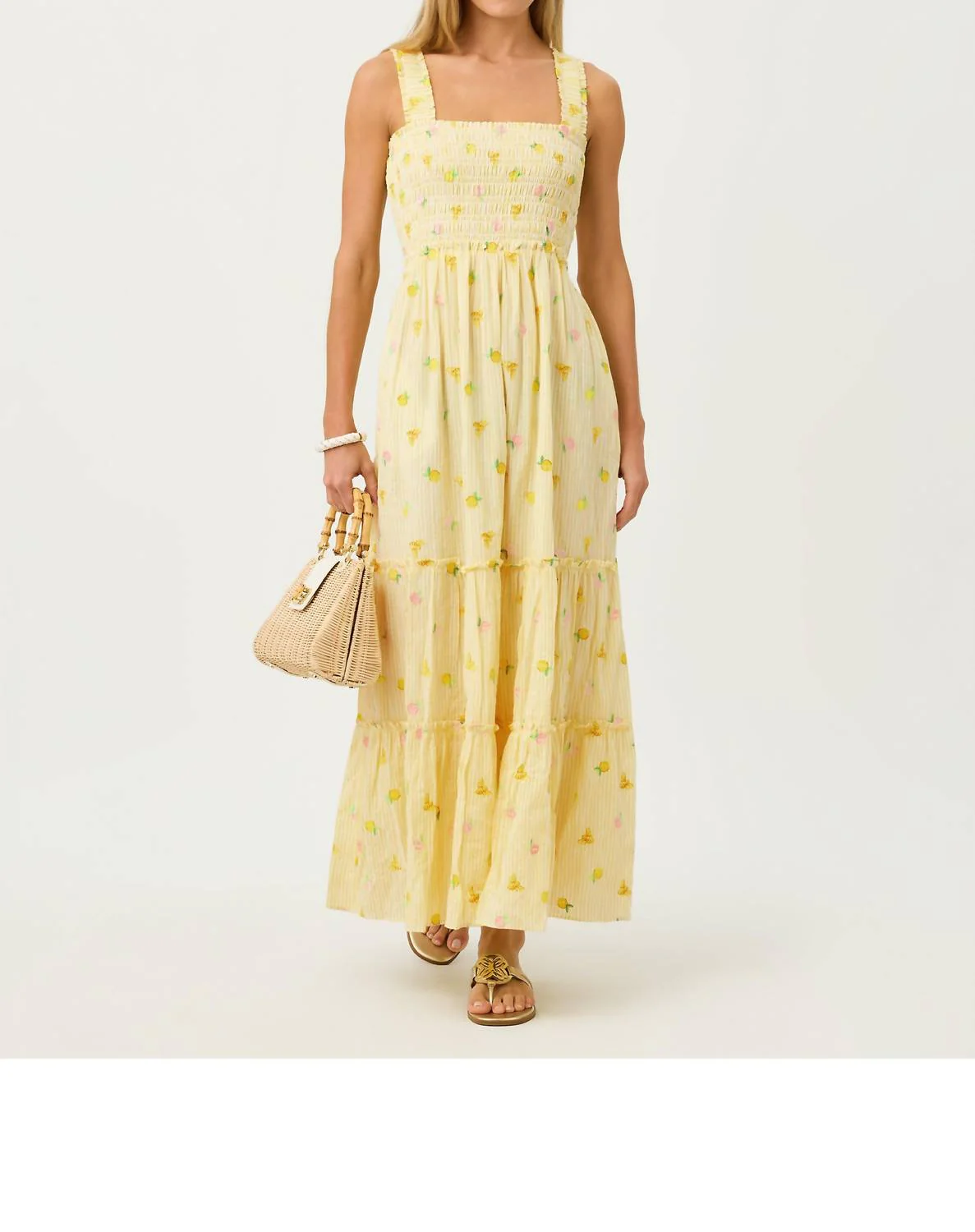 Hadly Smocked Maxi Dress In Estelle Yellow Ltwt Oxford Stripe With Lemon Bee