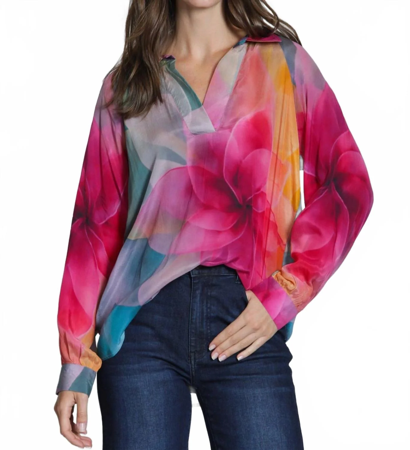 Half Placket Pullover Blouse In Bright Pink Multi