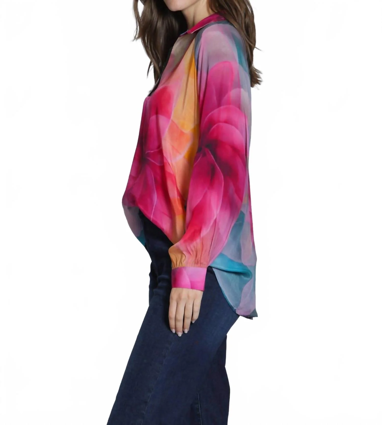Half Placket Pullover Blouse In Bright Pink Multi - Image 2