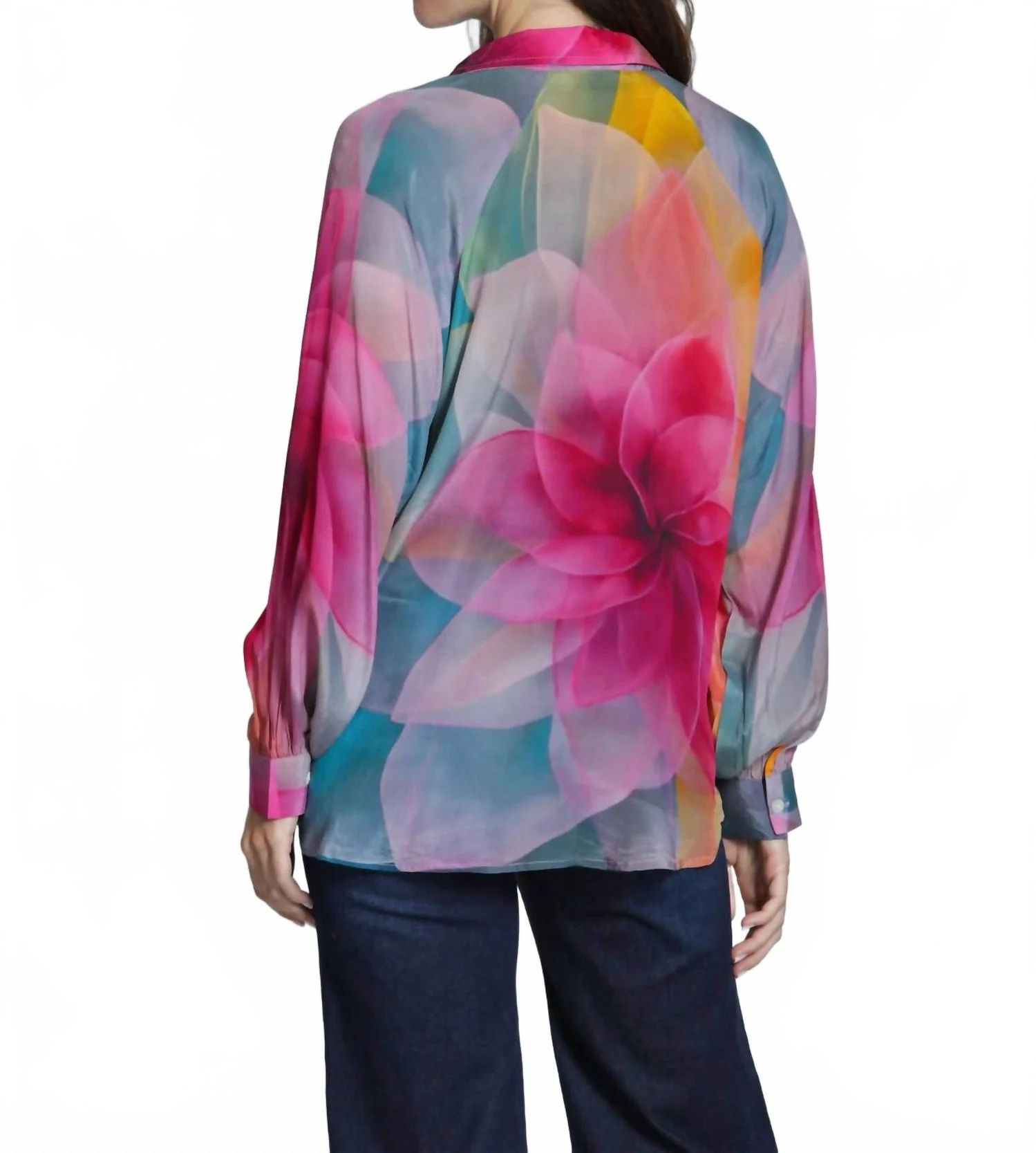 Half Placket Pullover Blouse In Bright Pink Multi - Image 3