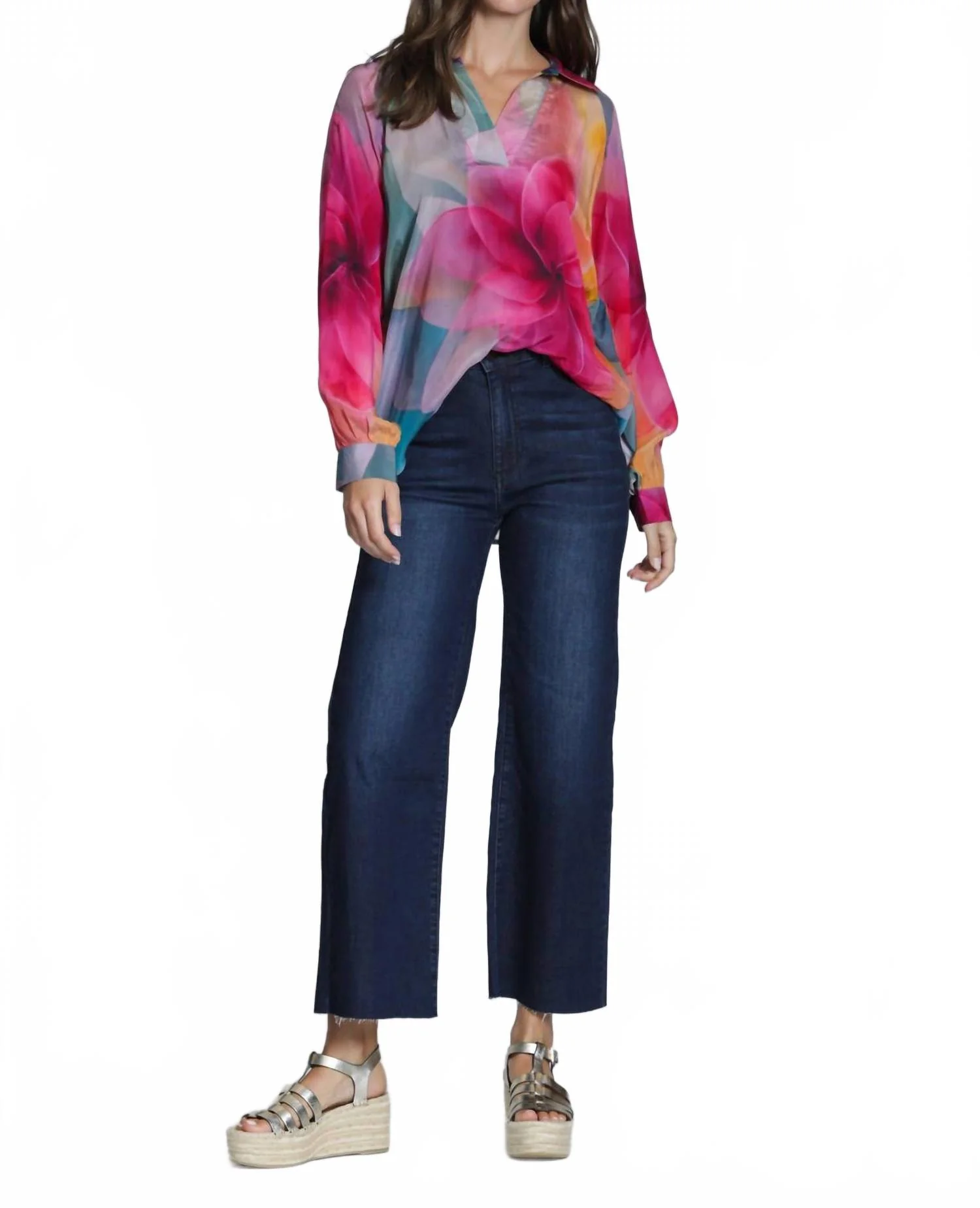 Half Placket Pullover Blouse In Bright Pink Multi - Image 4