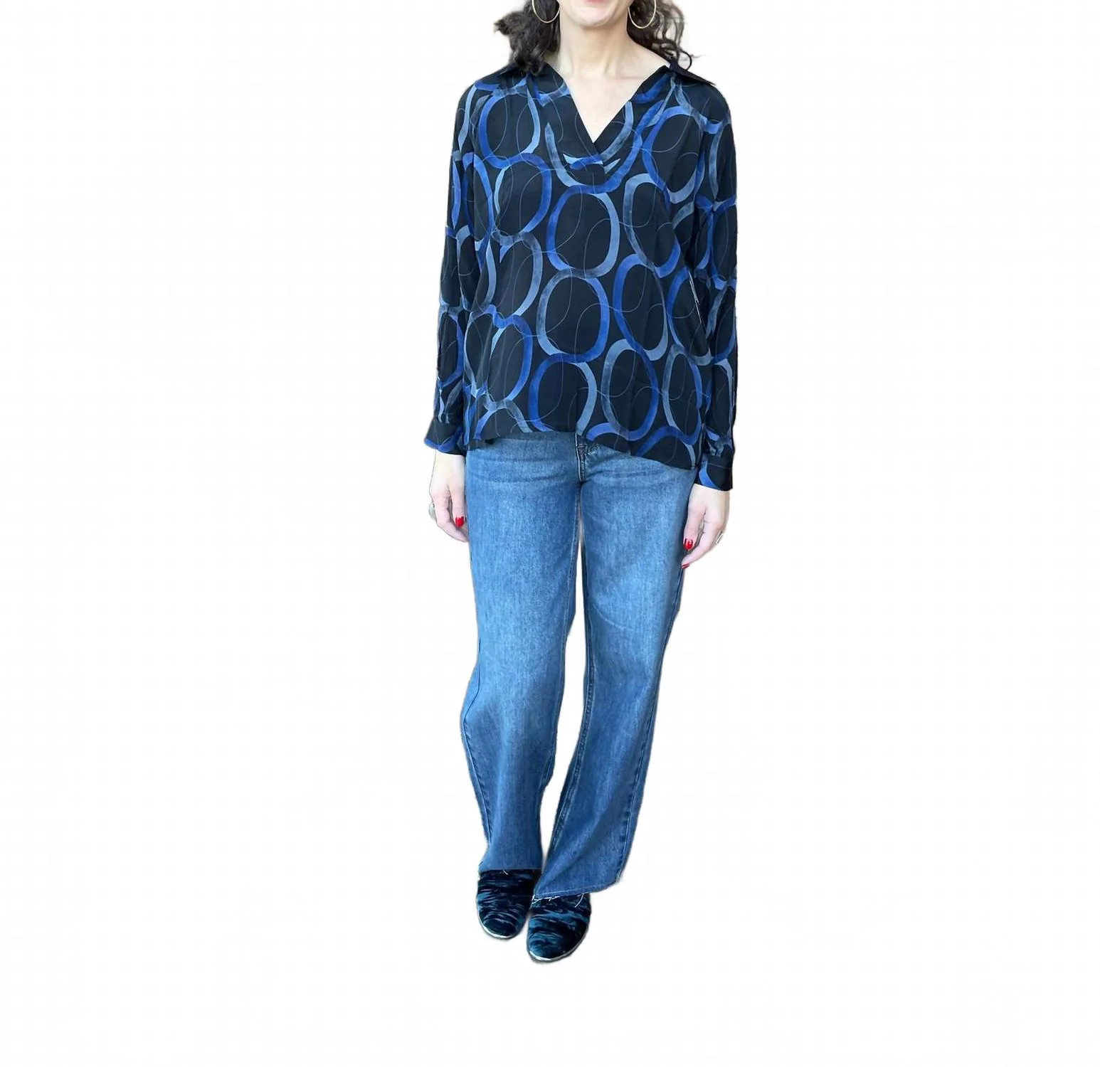 Half Plaket Pullover Blouse In Sapphire / Black Multi - Image 4