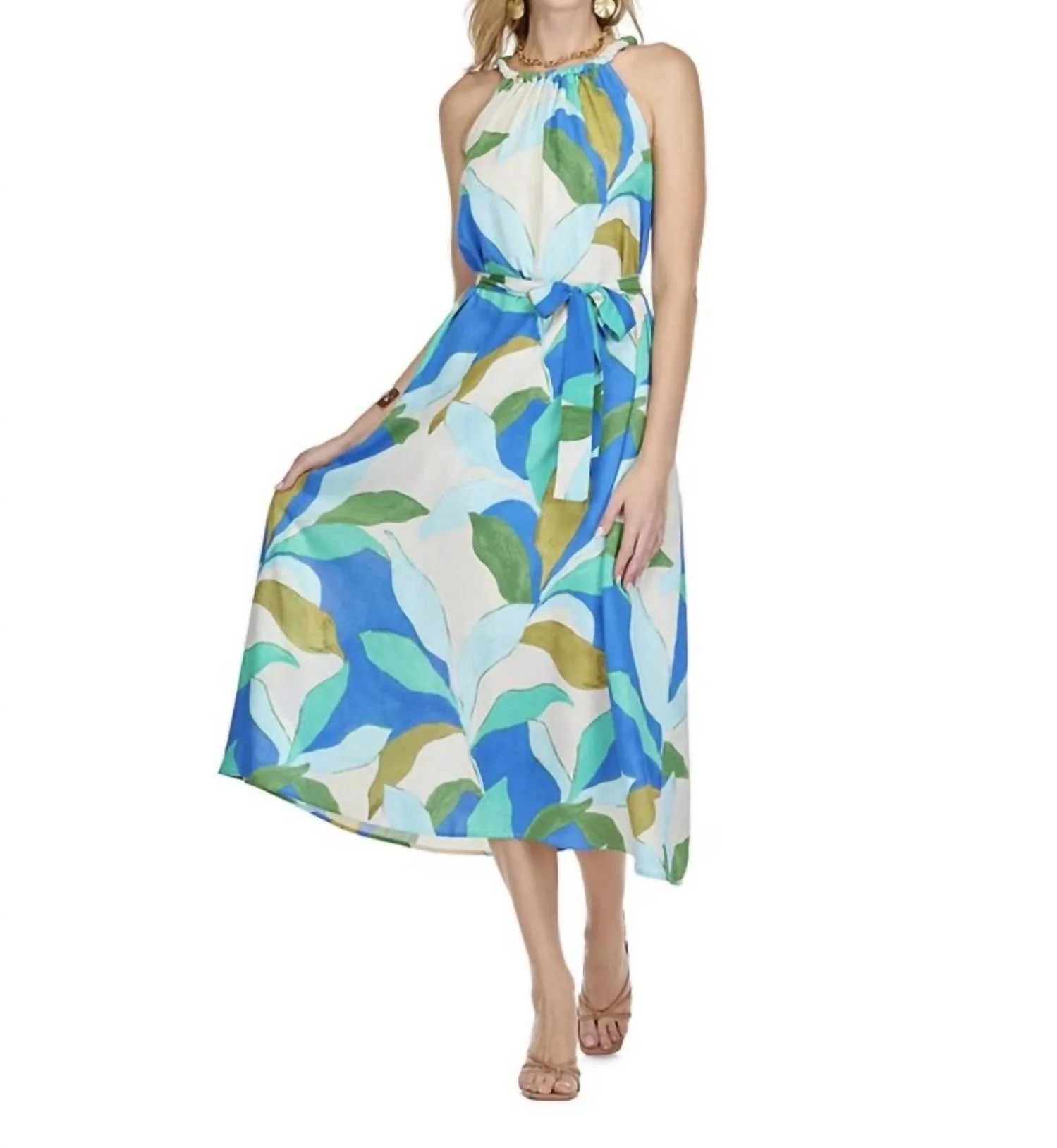 Halter Maxi Dress In Tropical Leaves - Image 2