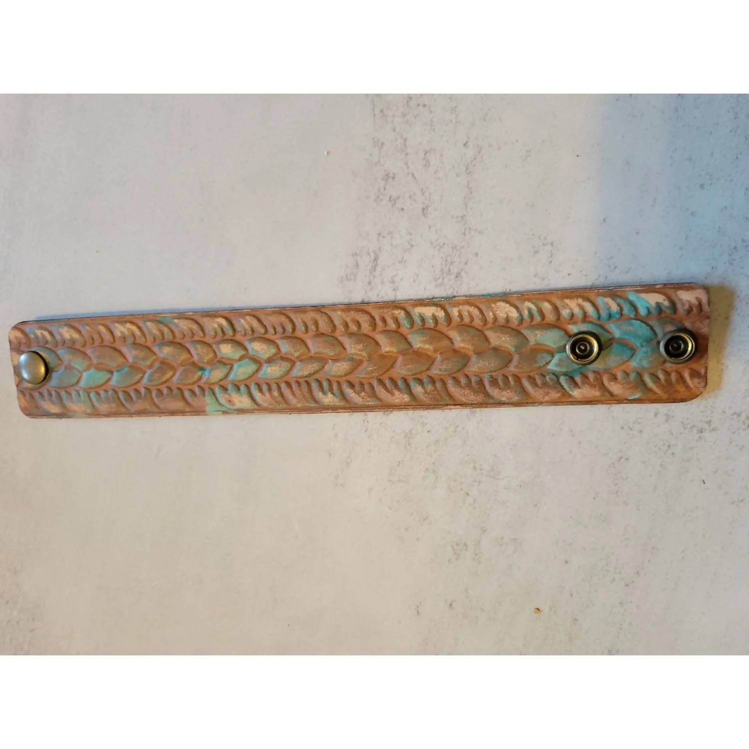 Hand-Tooled Leather Bracelet In Ivory Turquoise Brown - Image 2