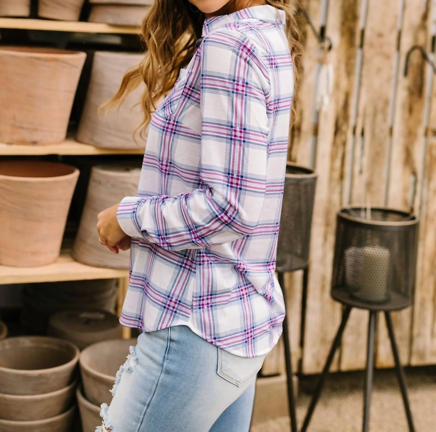 Happy Plaid Button-Down Shirt In Pink/grey Plaid - Image 2