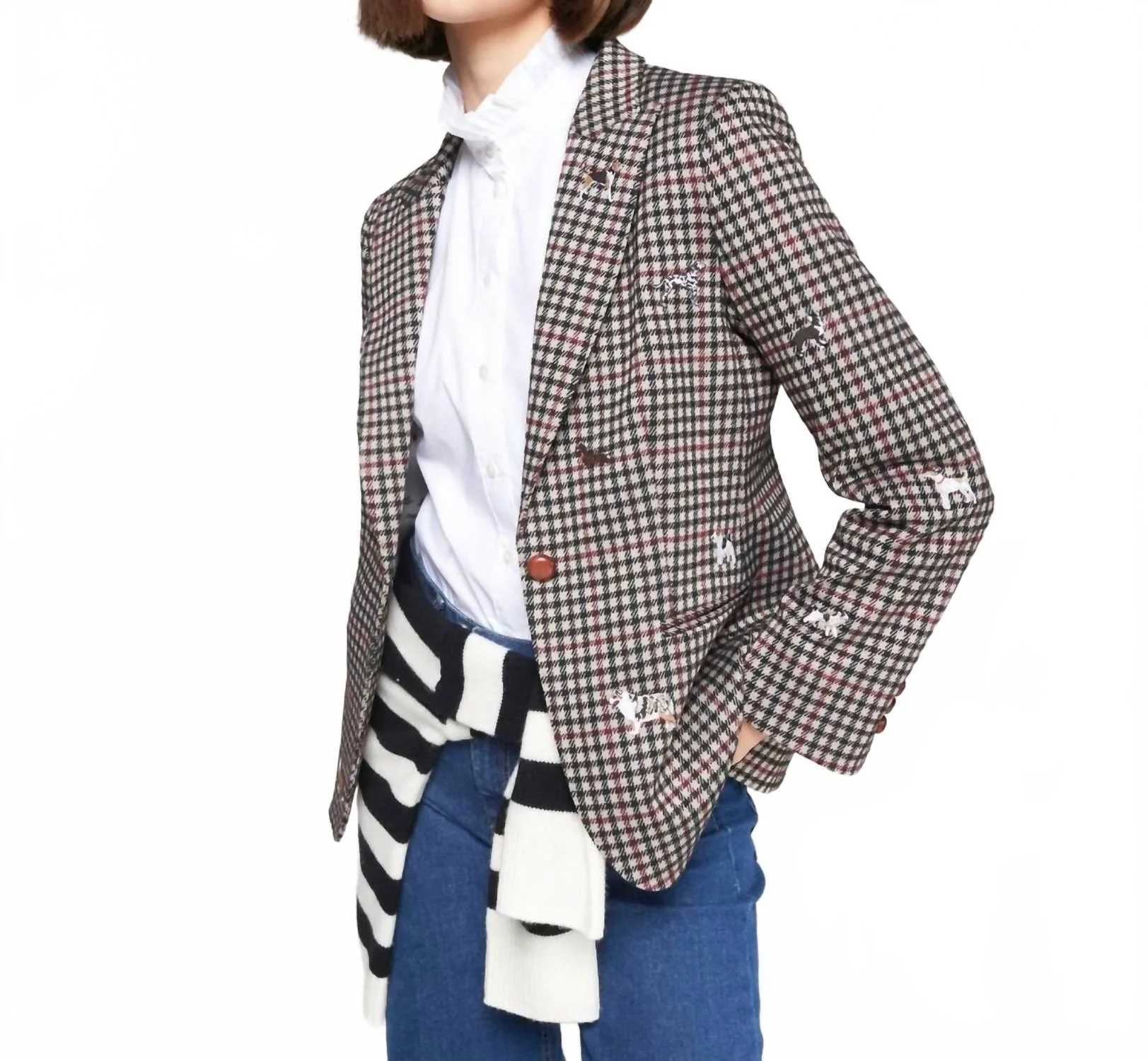 Heather Plaid Jacket With Embroidery In Pata De Gallo