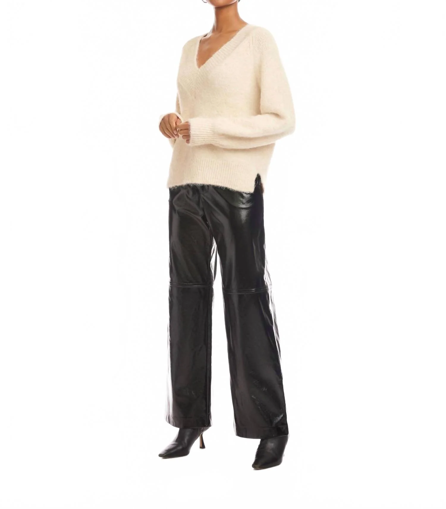 Heather V Neck Sweater In Ecru - Image 3