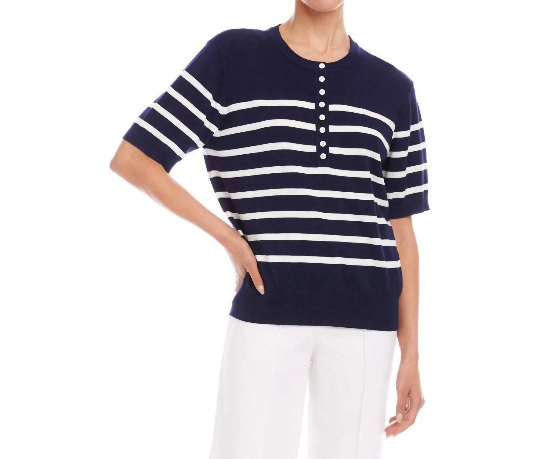 Henley Stripe Sweater In Navy With Off White