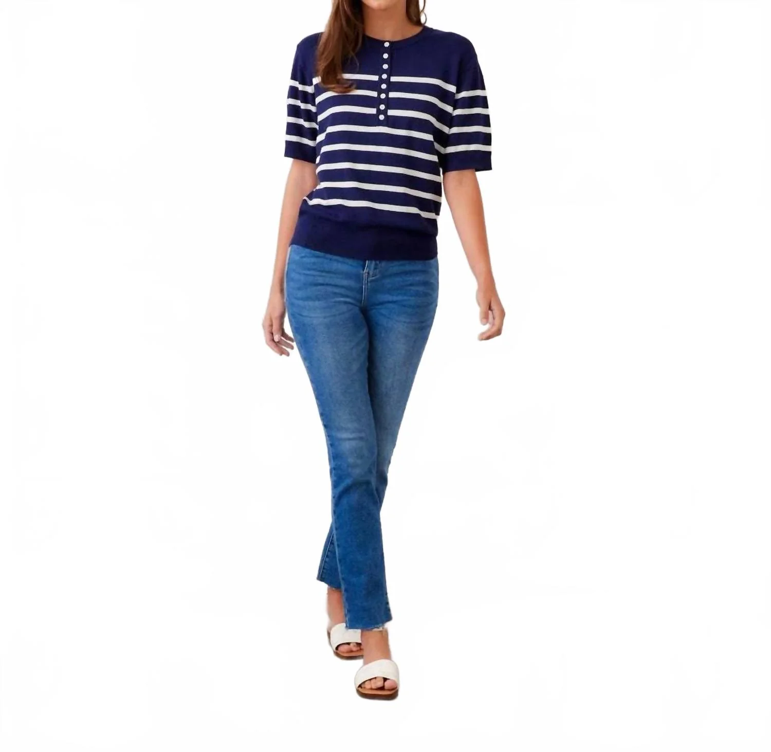 Henley Stripe Sweater In Navy With Off White - Image 5