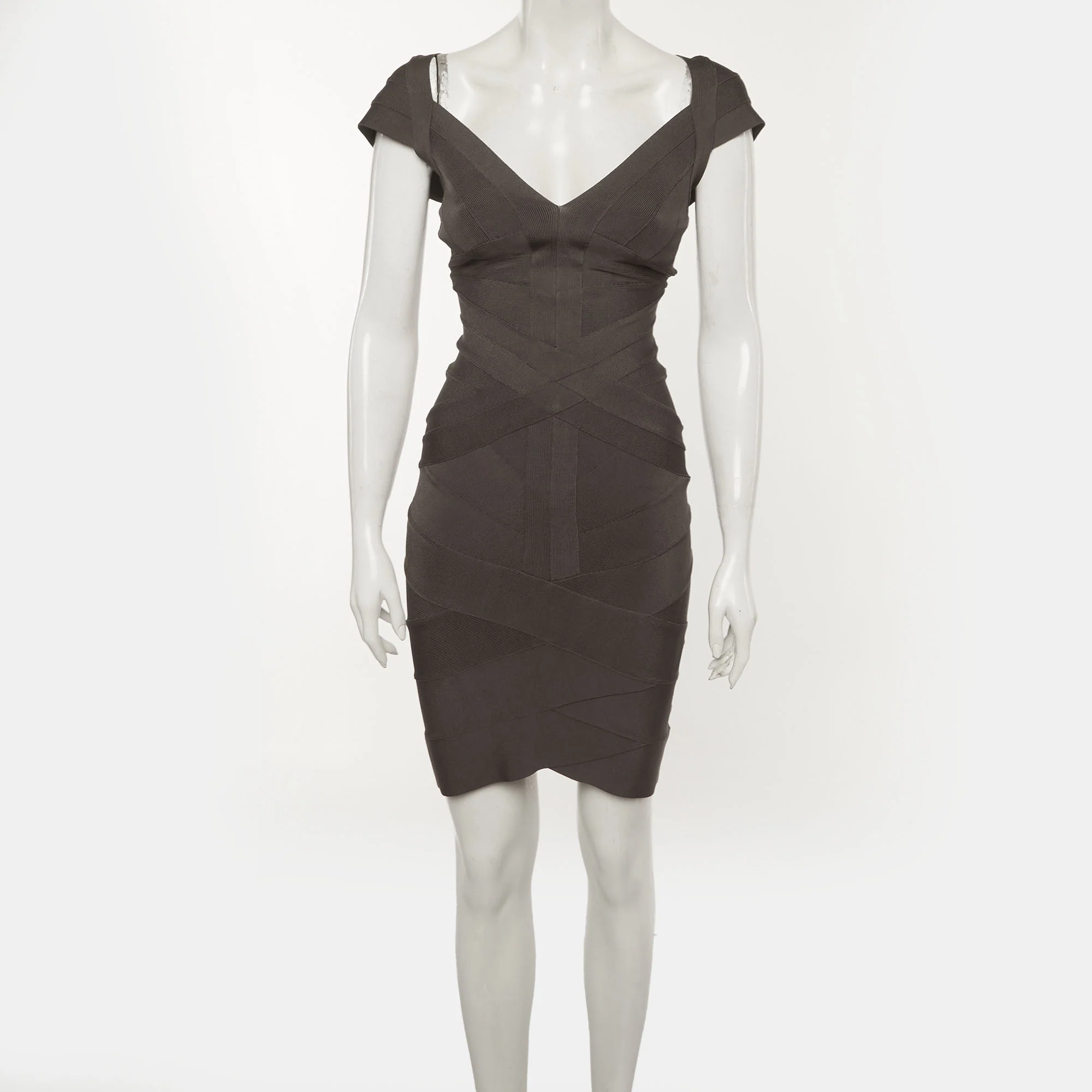 Herve Leger Grey Stretch Knit Bandage Mini Dress - Image 2