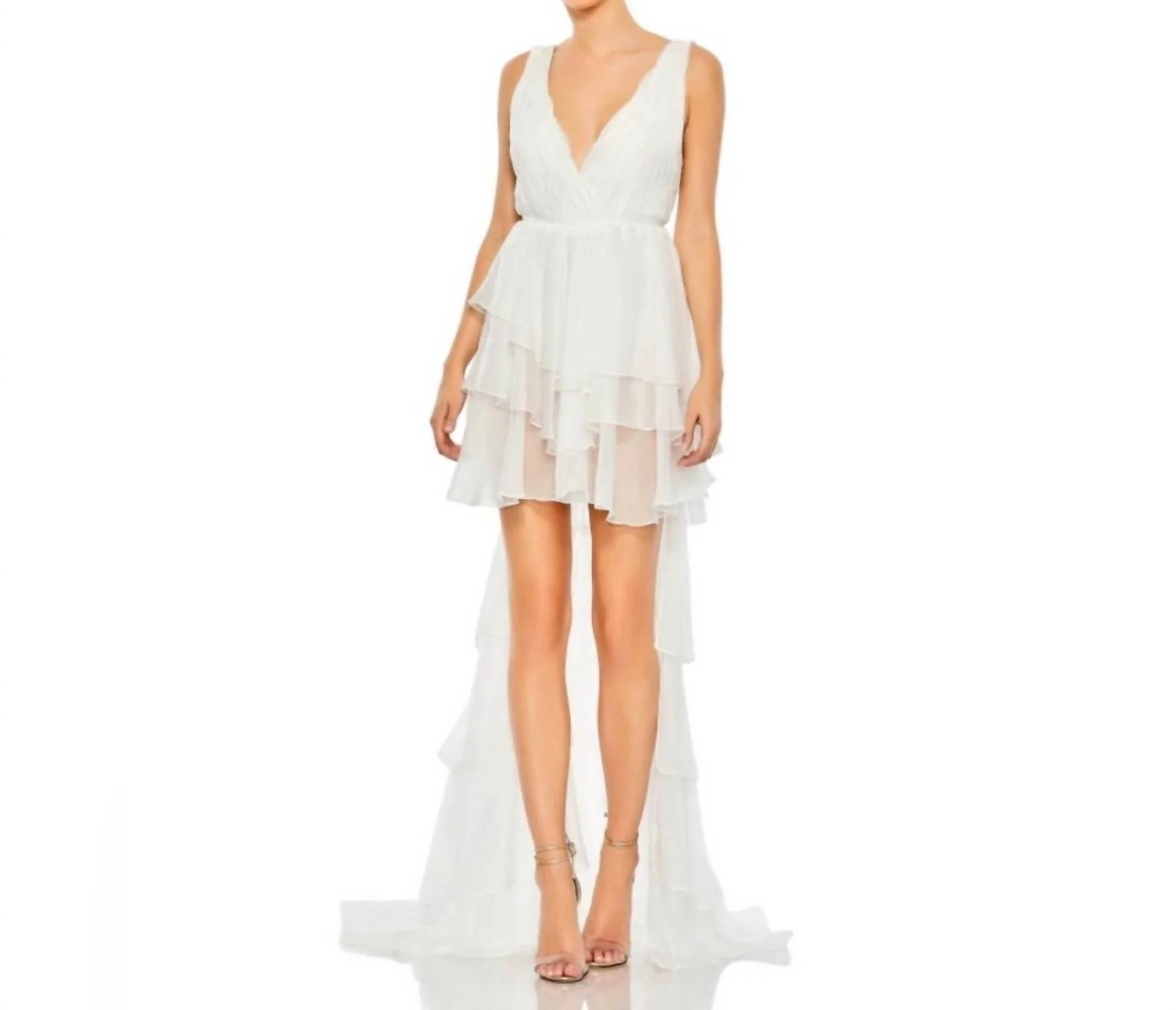 High Low Tiered Gown With Built In Bodysuit In White