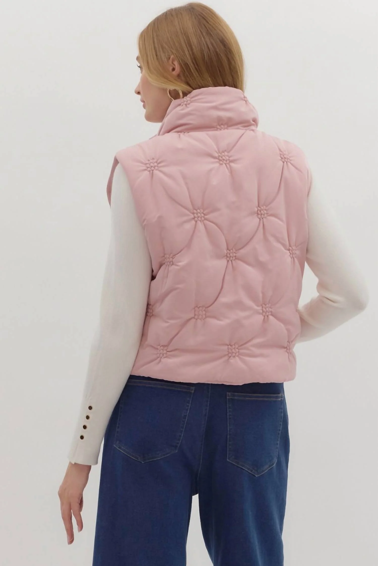 High Neck Puffer Vest In Dusty Rose - Image 2