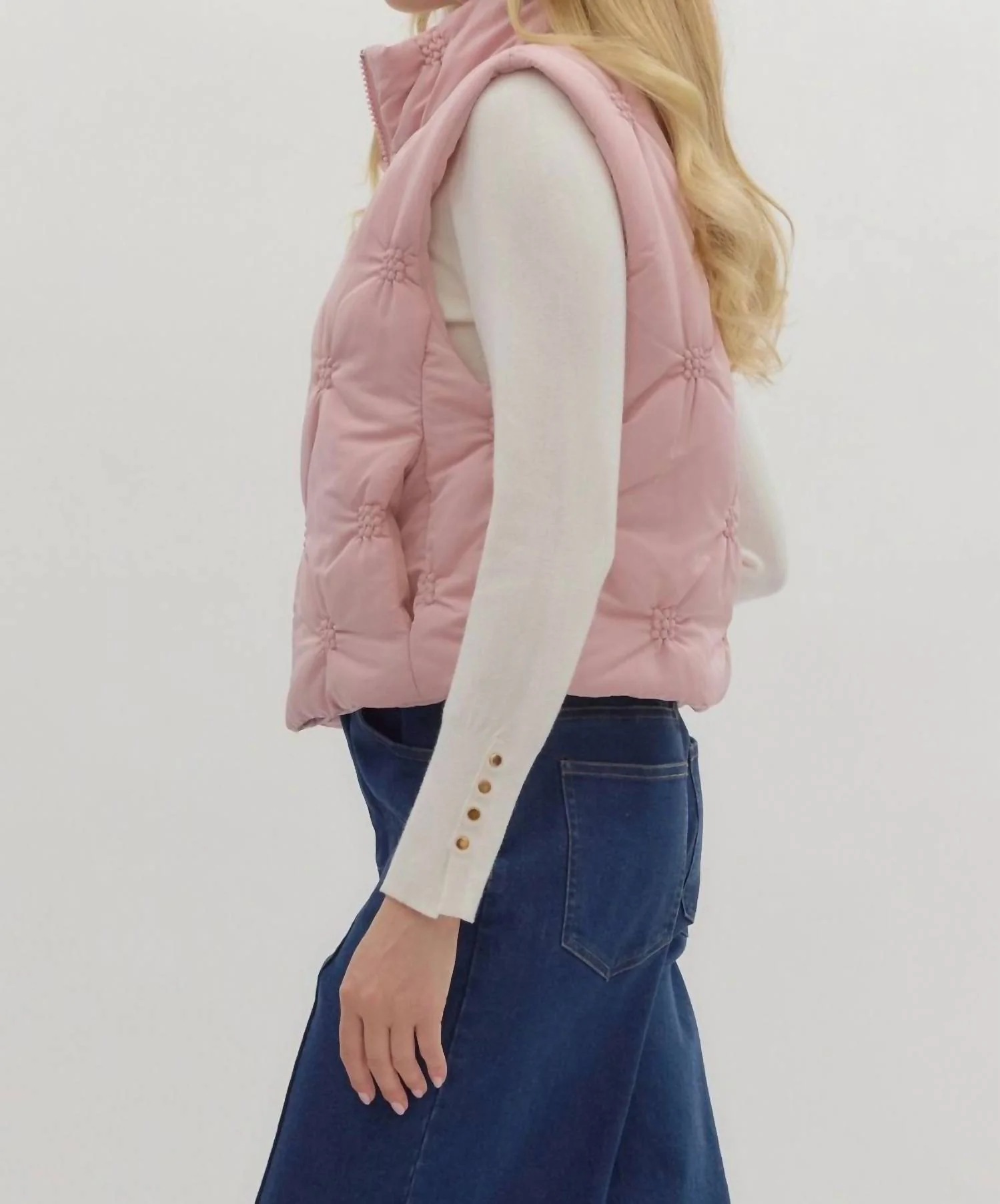 High Neck Puffer Vest In Dusty Rose - Image 3