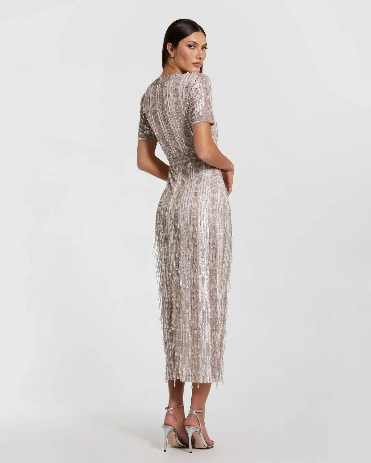 High Neck Short Sleeve Crystal Fringe Sheath Dress In Blush - Image 3