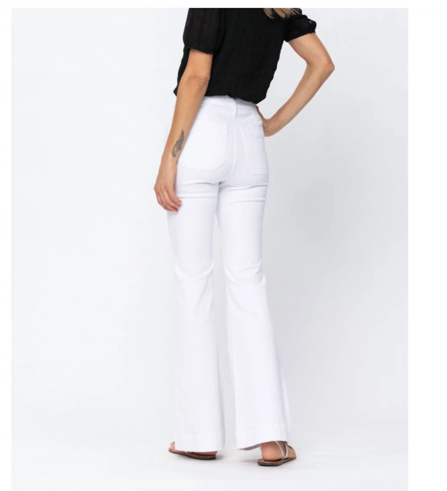 High Rise Button Fly Flare Pants In White - Image 2