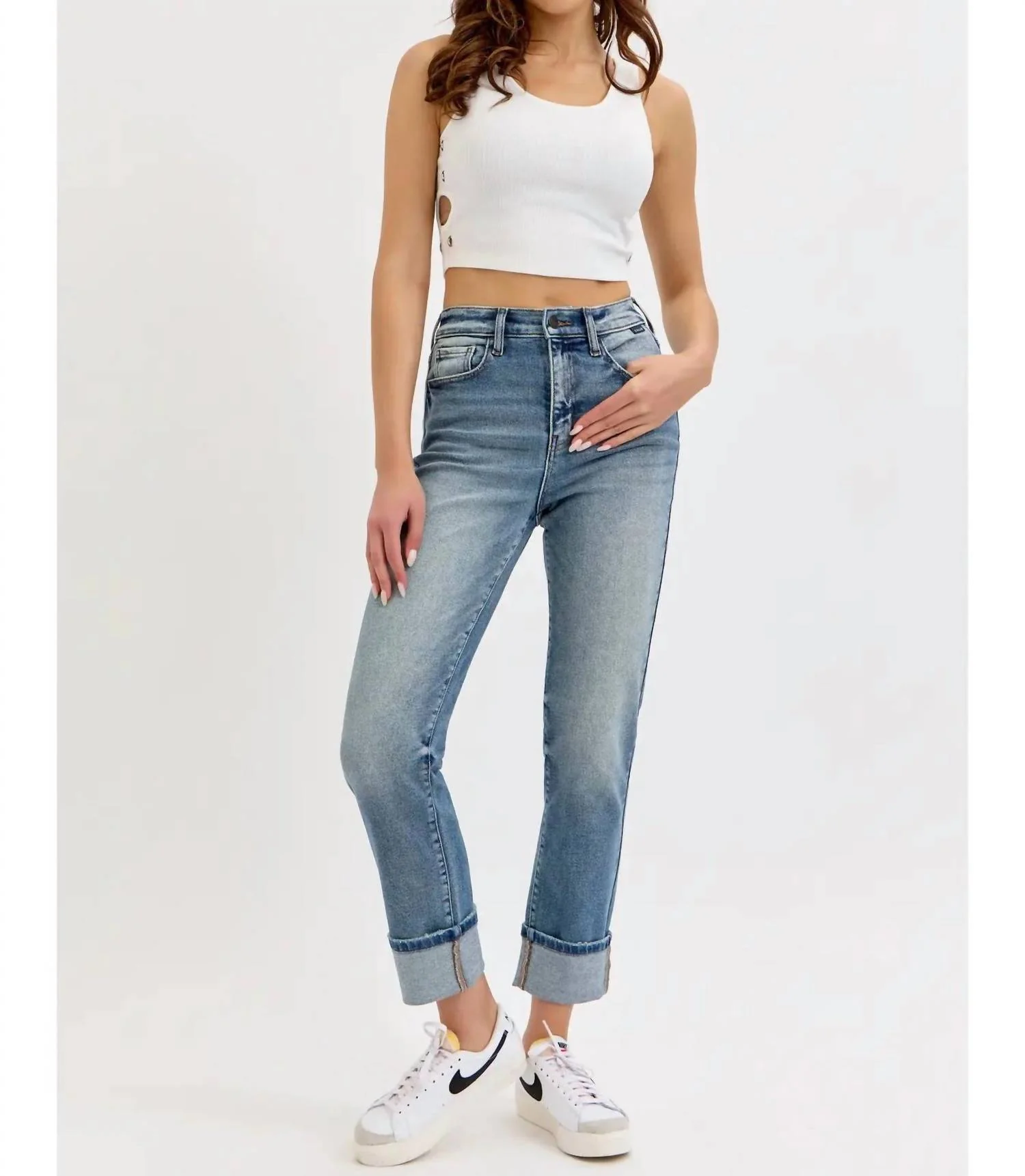 High Rise Cuff Stretch Denim Jeans In Blue