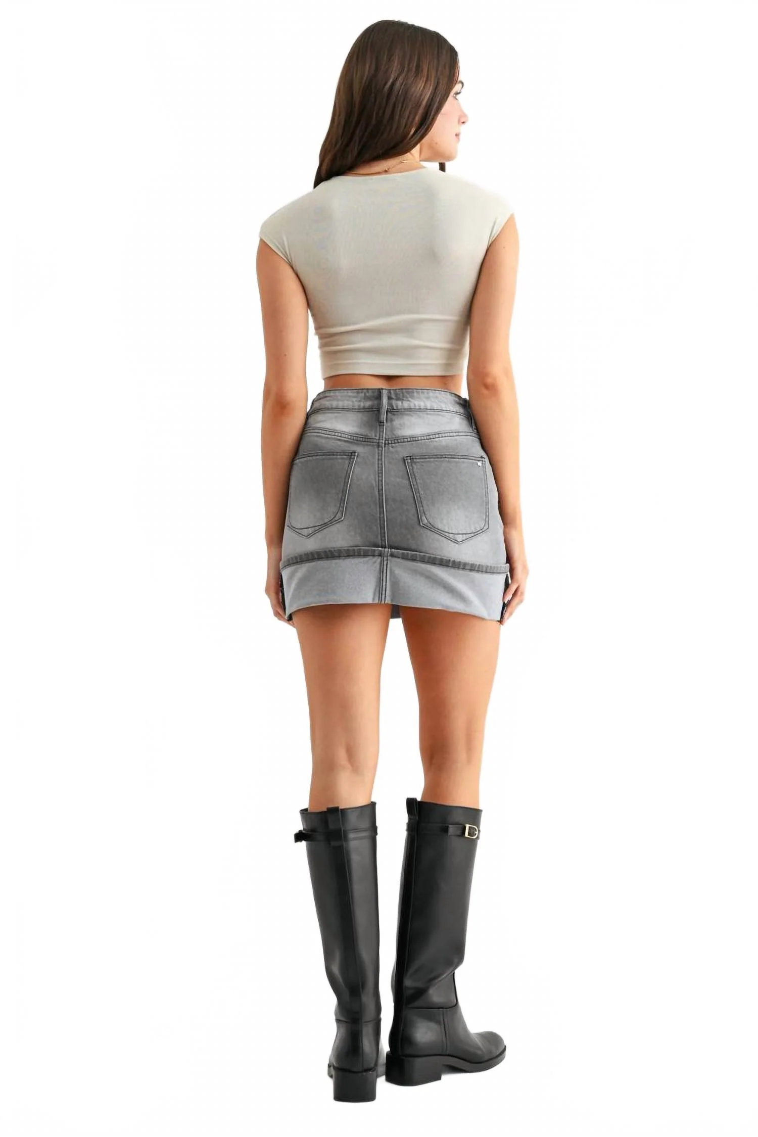 High Rise Cuffed Mini Skirt In Gray - Image 3